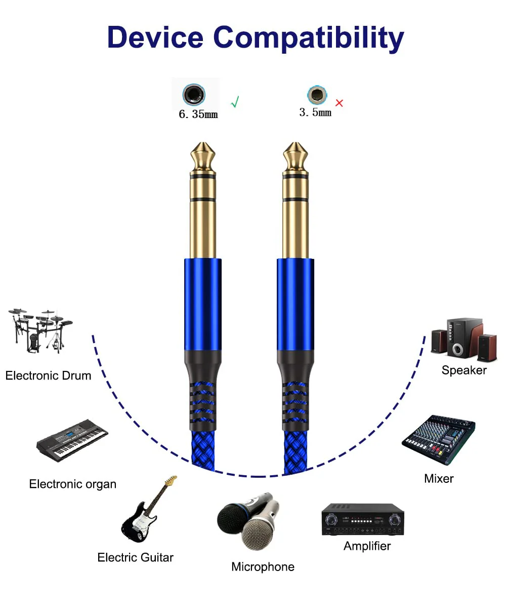 Elebase 1/4 Inch TRS Instrument Cable 20ft 2-Pack,Straight 6.35mm Male Jack Stereo Audio Interconnect Cord,6.35 mm Balanced Line for Electric Guitar,Bass,Keyboard,Mixer,Amplifier,Amp,Speaker,Equalizer 20 ft Blue - Image 3