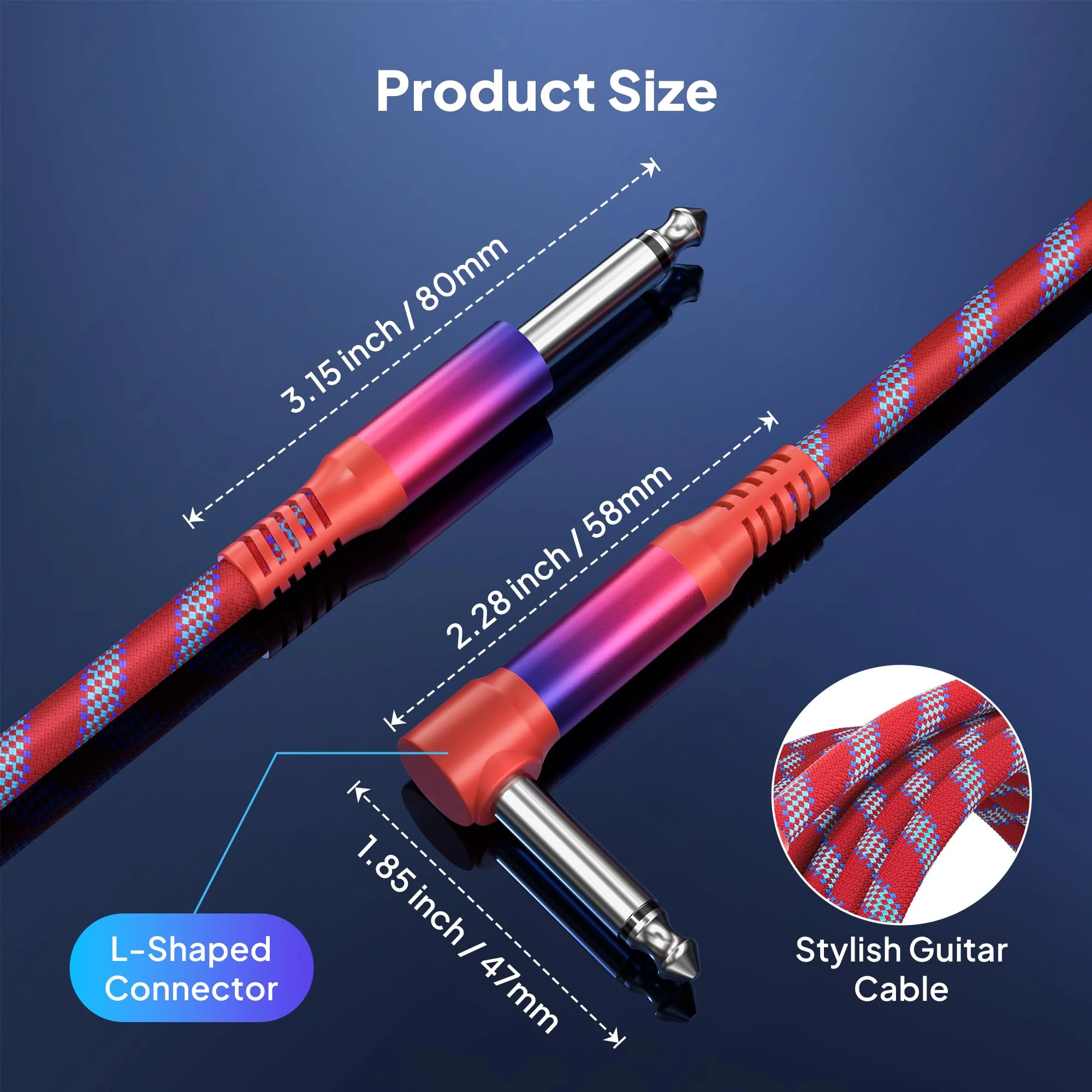 Elebase 1/4 inch TS Guitar Cable 9M/30FT 2Pack,Stylish Right Angle to Straight 6.35mm Instrument Cord,Mono Unbalanced Quarter inch Audio Line for Electric Guitar,Bass,Keyboard,Amplifier,Speaker 30FT/9M - Image 4