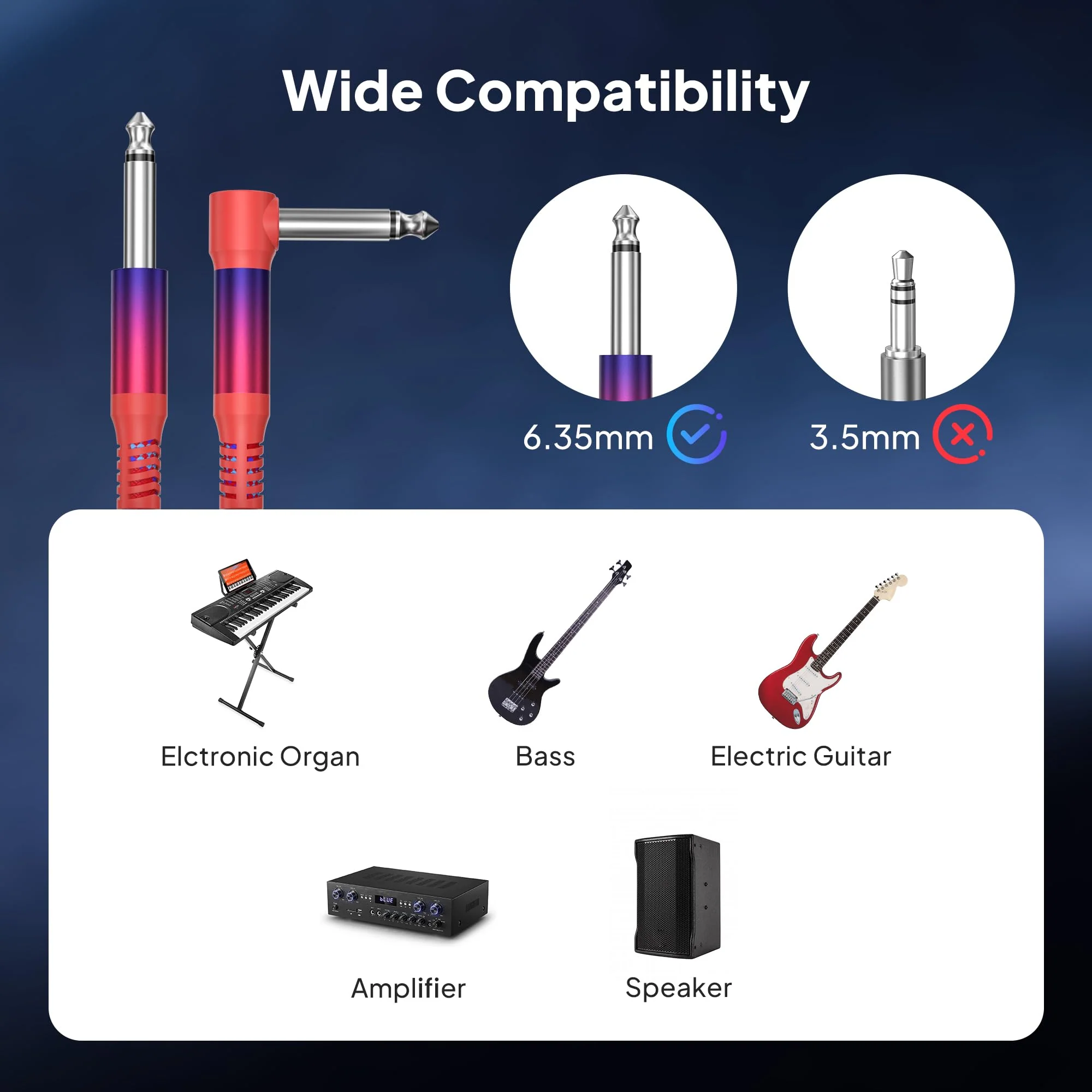 Elebase 1/4 inch TS Guitar Cable 9M/30FT 2Pack,Stylish Right Angle to Straight 6.35mm Instrument Cord,Mono Unbalanced Quarter inch Audio Line for Electric Guitar,Bass,Keyboard,Amplifier,Speaker 30FT/9M - Image 6
