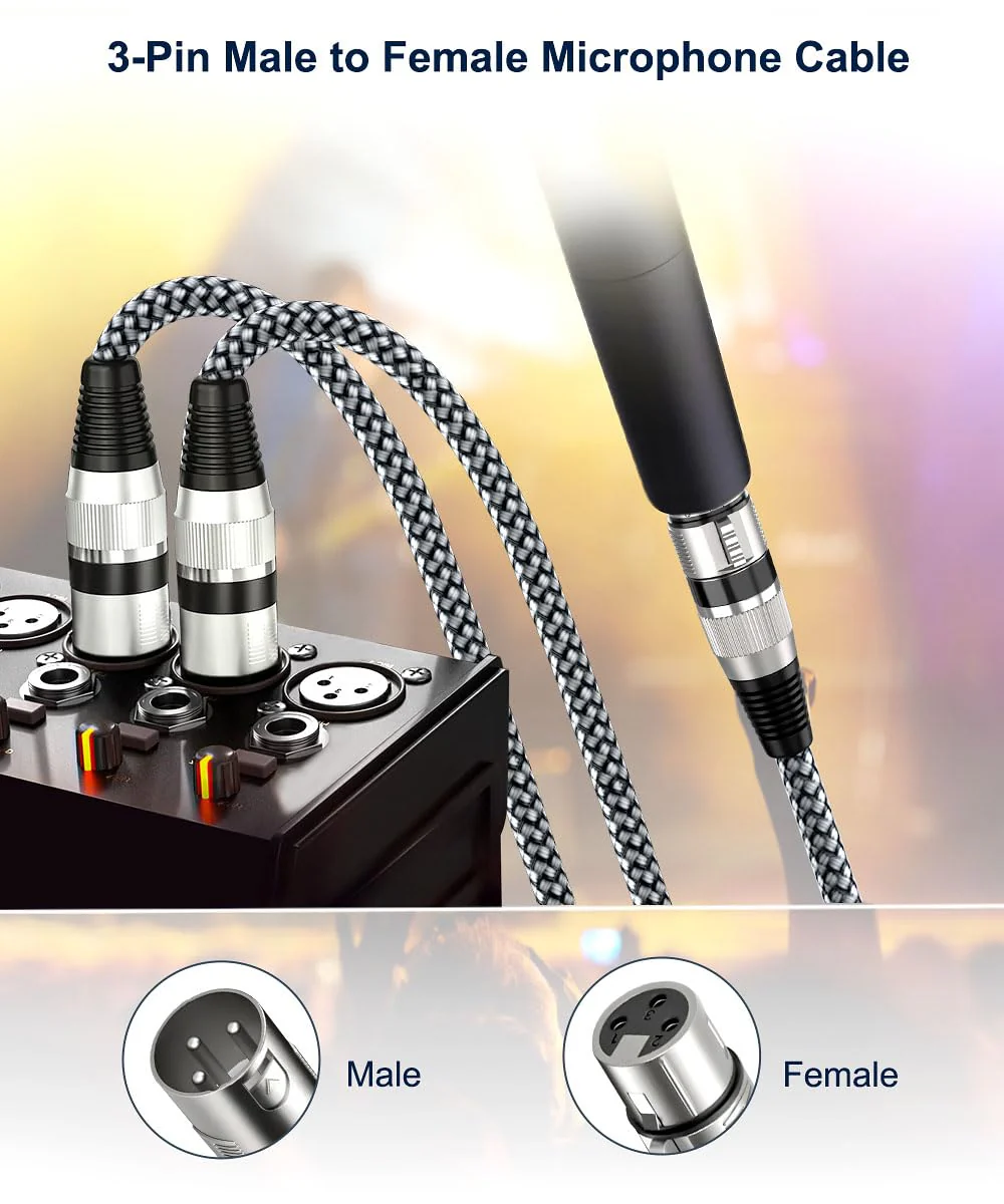 Elebase XLR Microphone Cable 2 Pack 20 Feet,XLR Male to Female Mic Cord,3-pin Balanced Shielded Cables Wire,for Amplifier Mixer,Recording Studio,Speaker Systems,Foot,FT 6M/20FT GRAY - Image 2