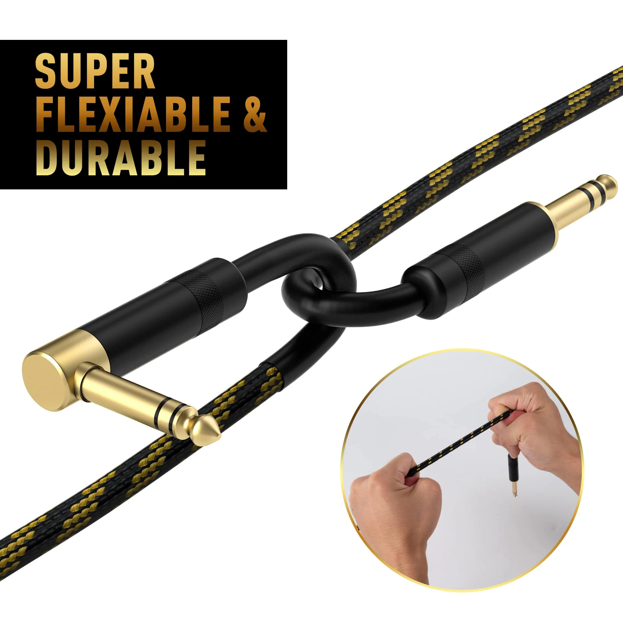 Elecan 1/4 Inch TRS Instrument Cable 15 Ft/2 Pack-Right Angle+Straight to Straight 6.35mm Male Jack Stereo Audio Interconnect Cord-Gold Plated-Braided-Balanced Line for Electric Guitar Bass+ 5 Ties 15FT-2PK Angled to Straight + Straight to Straight - Image 2