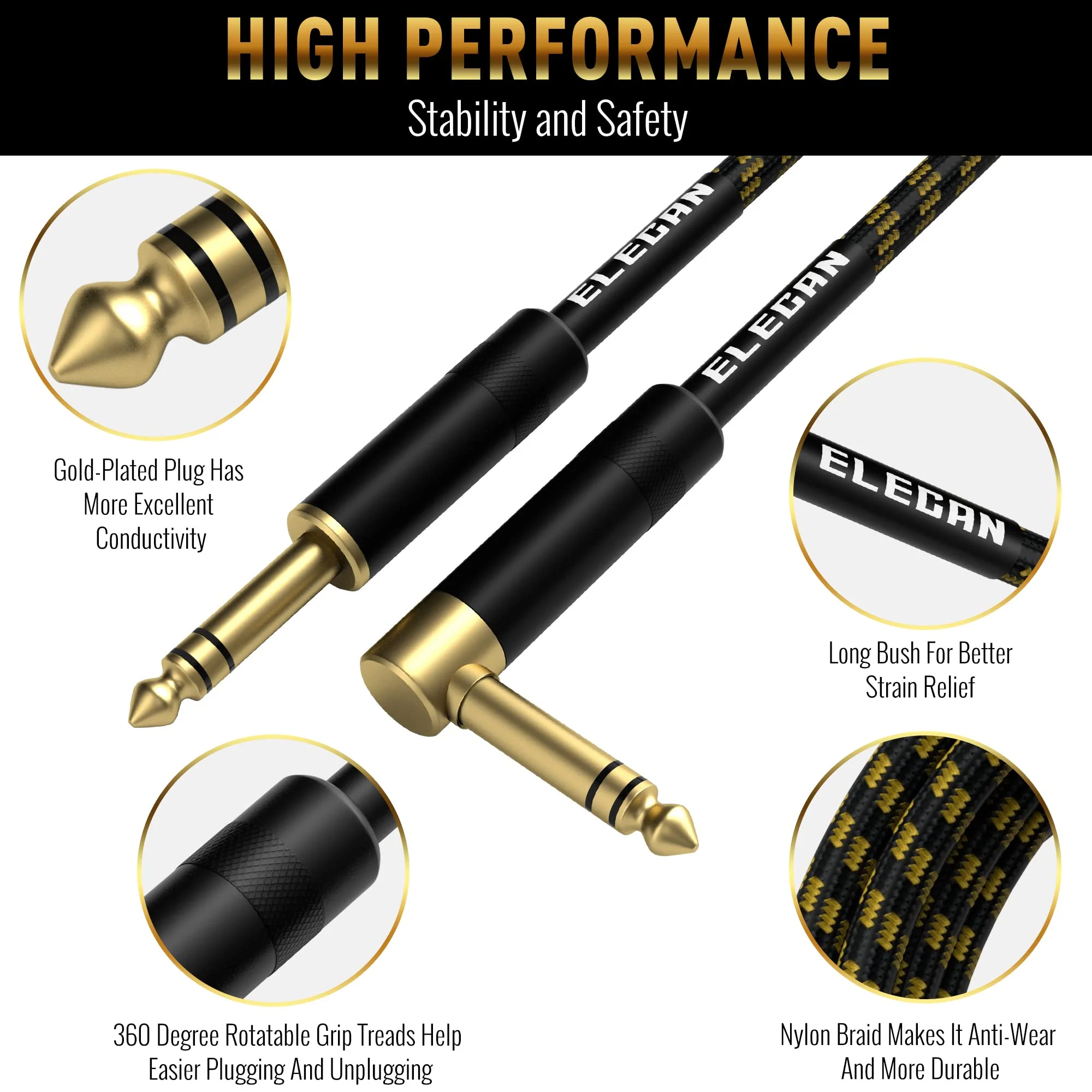 Elecan 1/4 Inch TRS Instrument Cable 15 Ft/2 Pack-Right Angle+Straight to Straight 6.35mm Male Jack Stereo Audio Interconnect Cord-Gold Plated-Braided-Balanced Line for Electric Guitar Bass+ 5 Ties 15FT-2PK Angled to Straight + Straight to Straight - Image 3