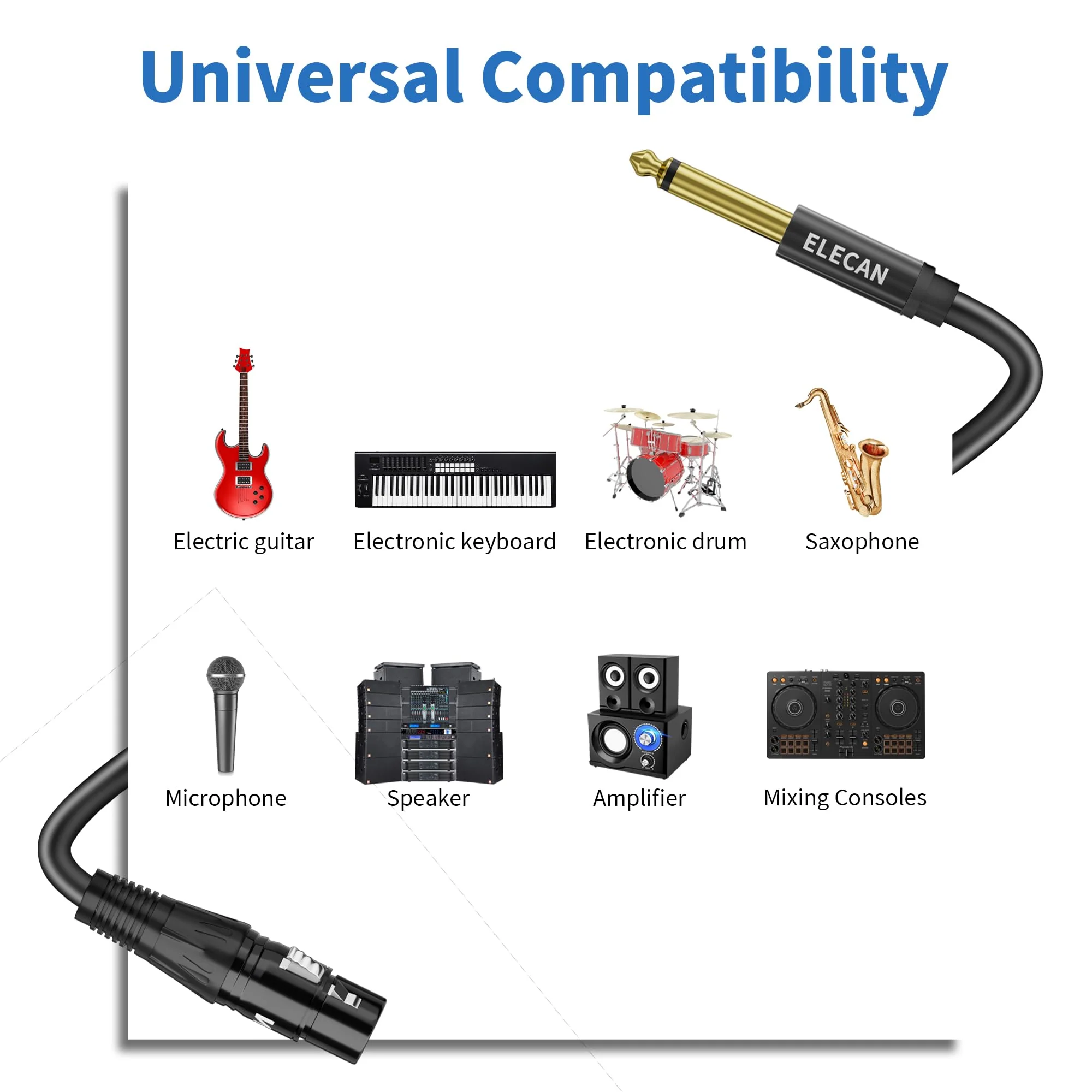Elecan 50 Ft XLR Female to 1/4 inch 6.35mm TS Mono Jack Microphone Cable, Unbalanced Interconnect Mic Audio Cord, Durable&Flexible&Firm Connection for Dynamic Mic Console Guitar Mixer AMP+5 Ties 50FT XLR Female to 6.35mm - Image 5