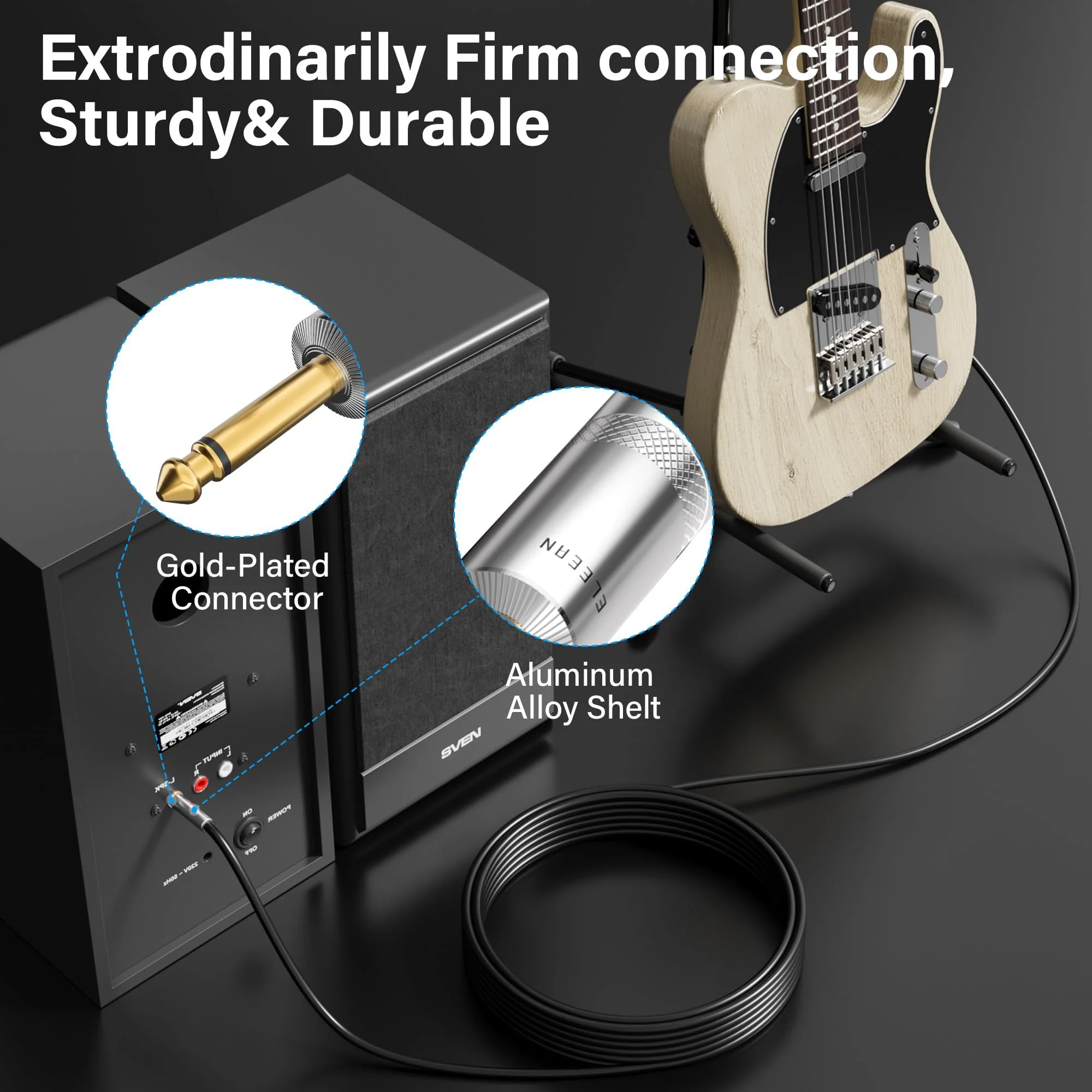 Elecan Premium 6.35mm Guitar Cable 30 Ft/2 Pack, 1/4 Inch TS to 1/4 Instrument Cable, Mono Jack 12 AWG Unbalanced Bass AMP Cord Male to Male for Electric Guitar, Bass, Keyboard,Pro Audio-OD 9.5MM+Ties 30FT-2PK - Image 4