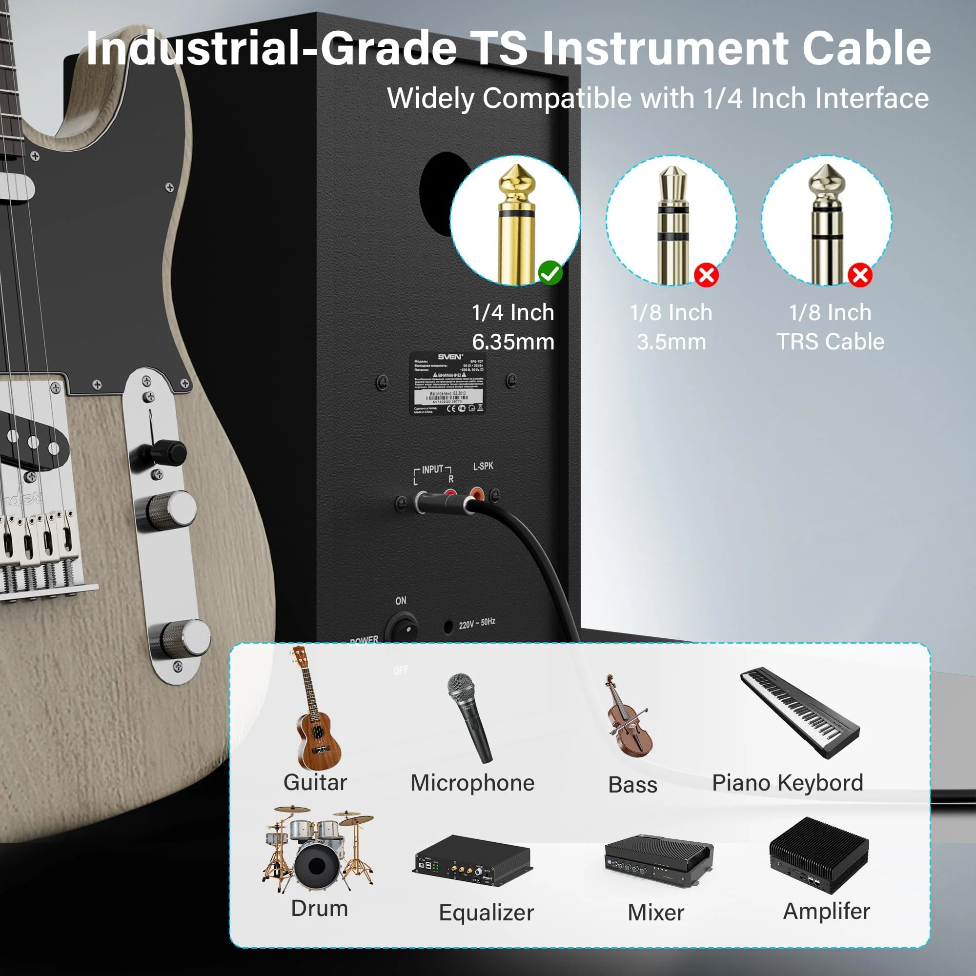 Elecan Premium 6.35mm Guitar Cable 30 Ft/2 Pack, 1/4 Inch TS to 1/4 Instrument Cable, Mono Jack 12 AWG Unbalanced Bass AMP Cord Male to Male for Electric Guitar, Bass, Keyboard,Pro Audio-OD 9.5MM+Ties 30FT-2PK - Image 5
