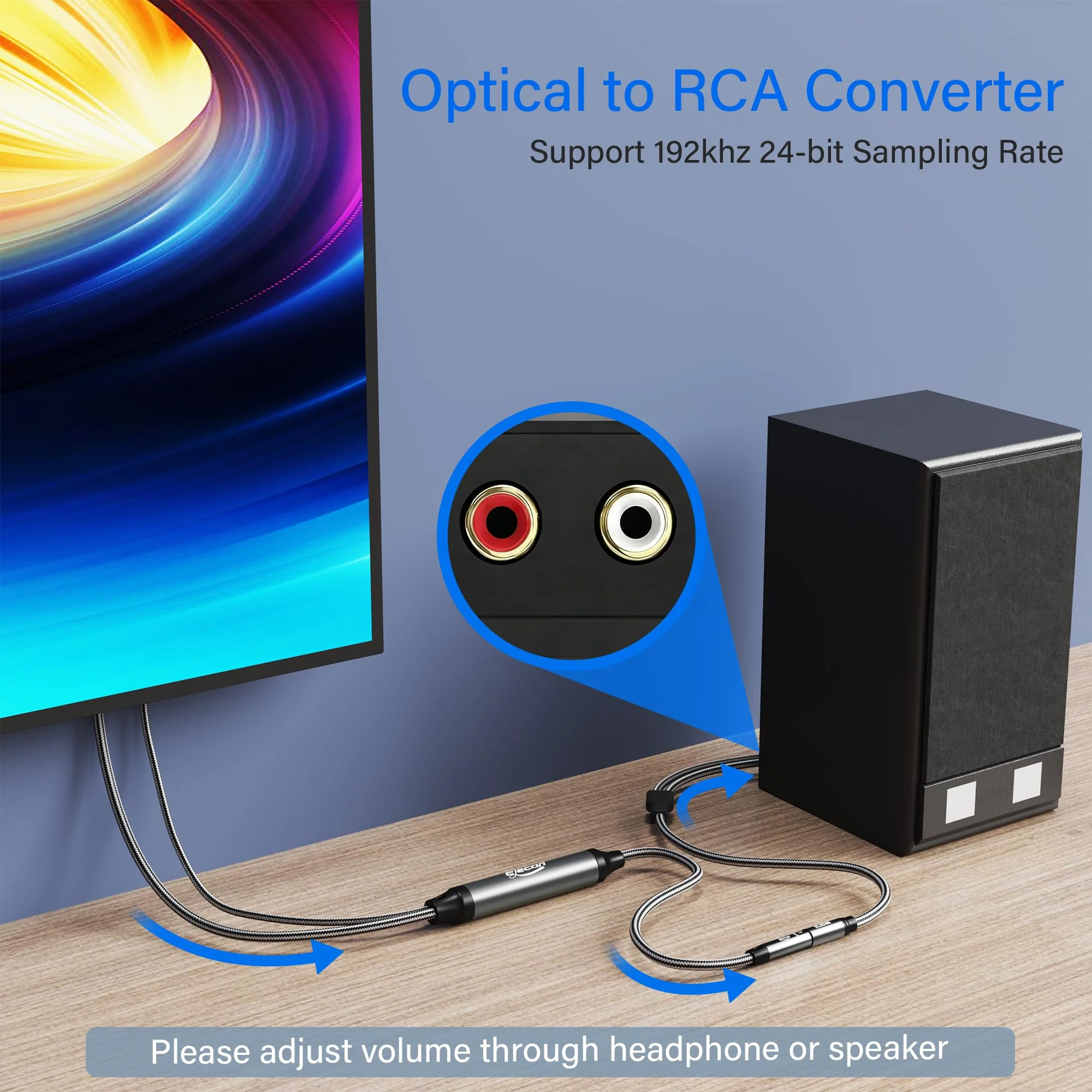 Elecan Unidirectional Optical Male to 3.5mm AUX Female Audio Converter Cable 6.6 Ft, 192kHz DAC SPDIF/Toslink Digital to Analog Adapter for TV/PS4/DVD to Sound Bar Headphone+Ties &AUX to 2 RCA Adapter 6.6FT - Image 5