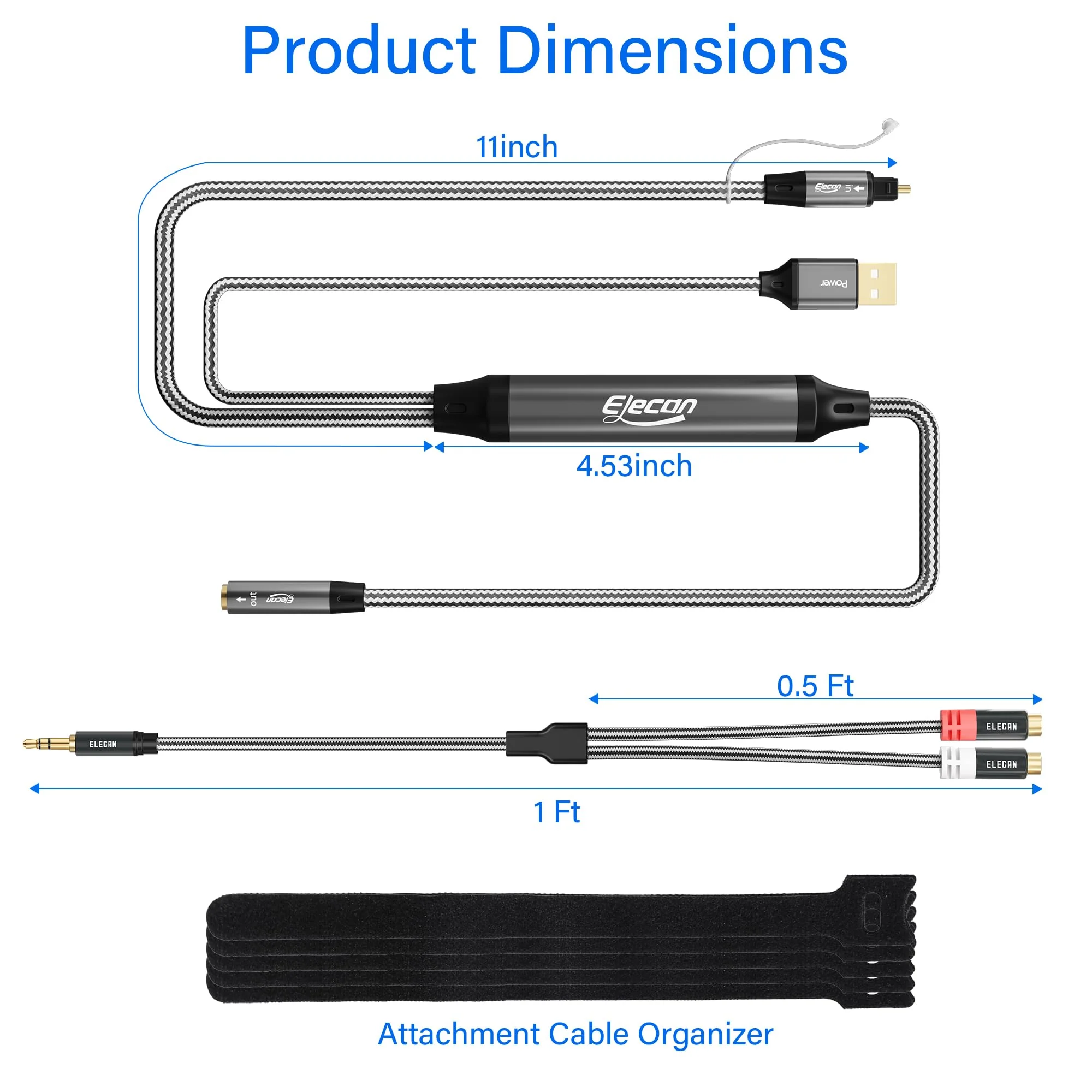 Elecan Unidirectional Optical Male to 3.5mm AUX Female Audio Converter Cable 6.6 Ft, 192kHz DAC SPDIF/Toslink Digital to Analog Adapter for TV/PS4/DVD to Sound Bar Headphone+Ties &AUX to 2 RCA Adapter 6.6FT - Image 6