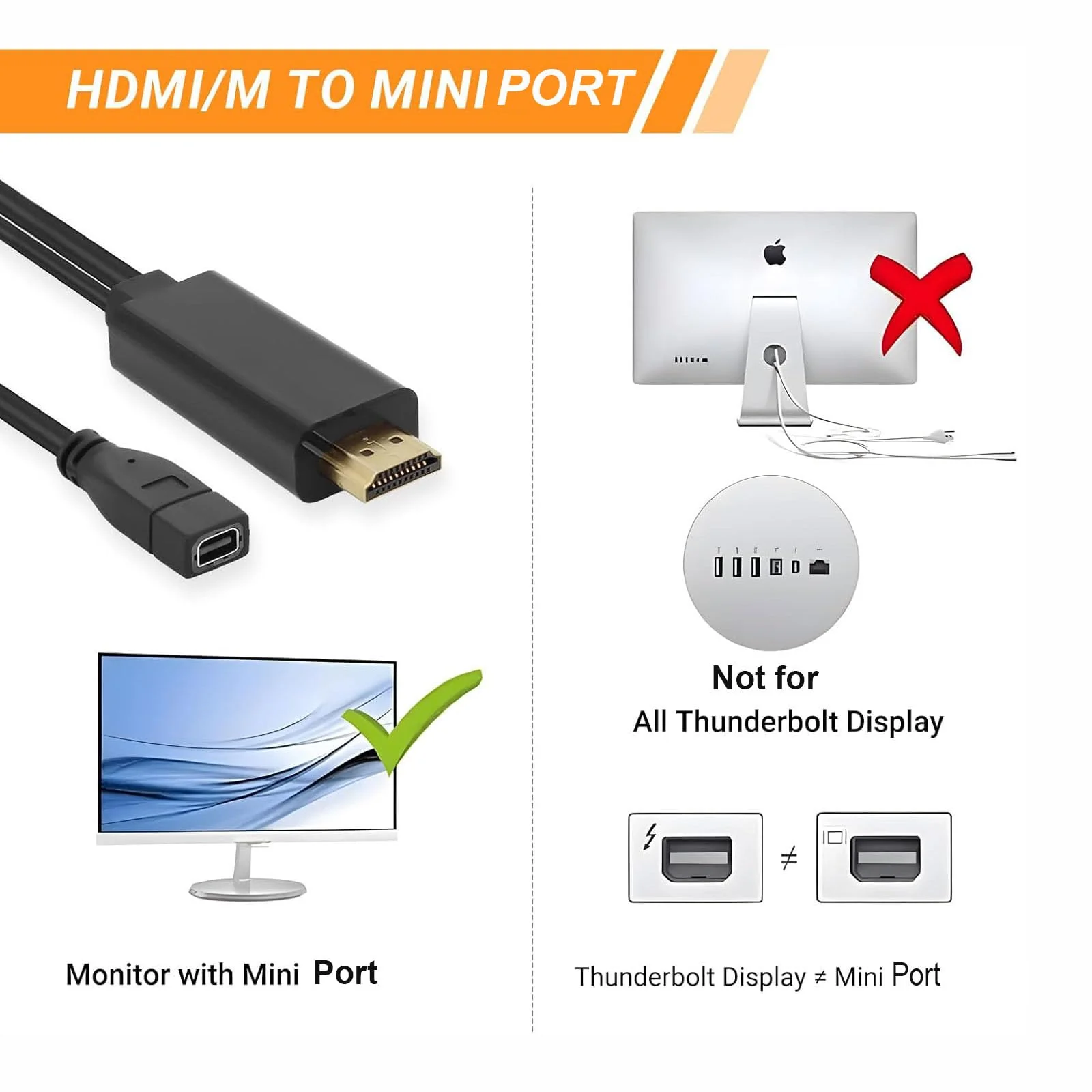 Elecbee HDMI to Mini for Display Port Converter Adapter Cable 4K HDMI Male for Mini Port Female Video Cable with USB Charging - Image 6