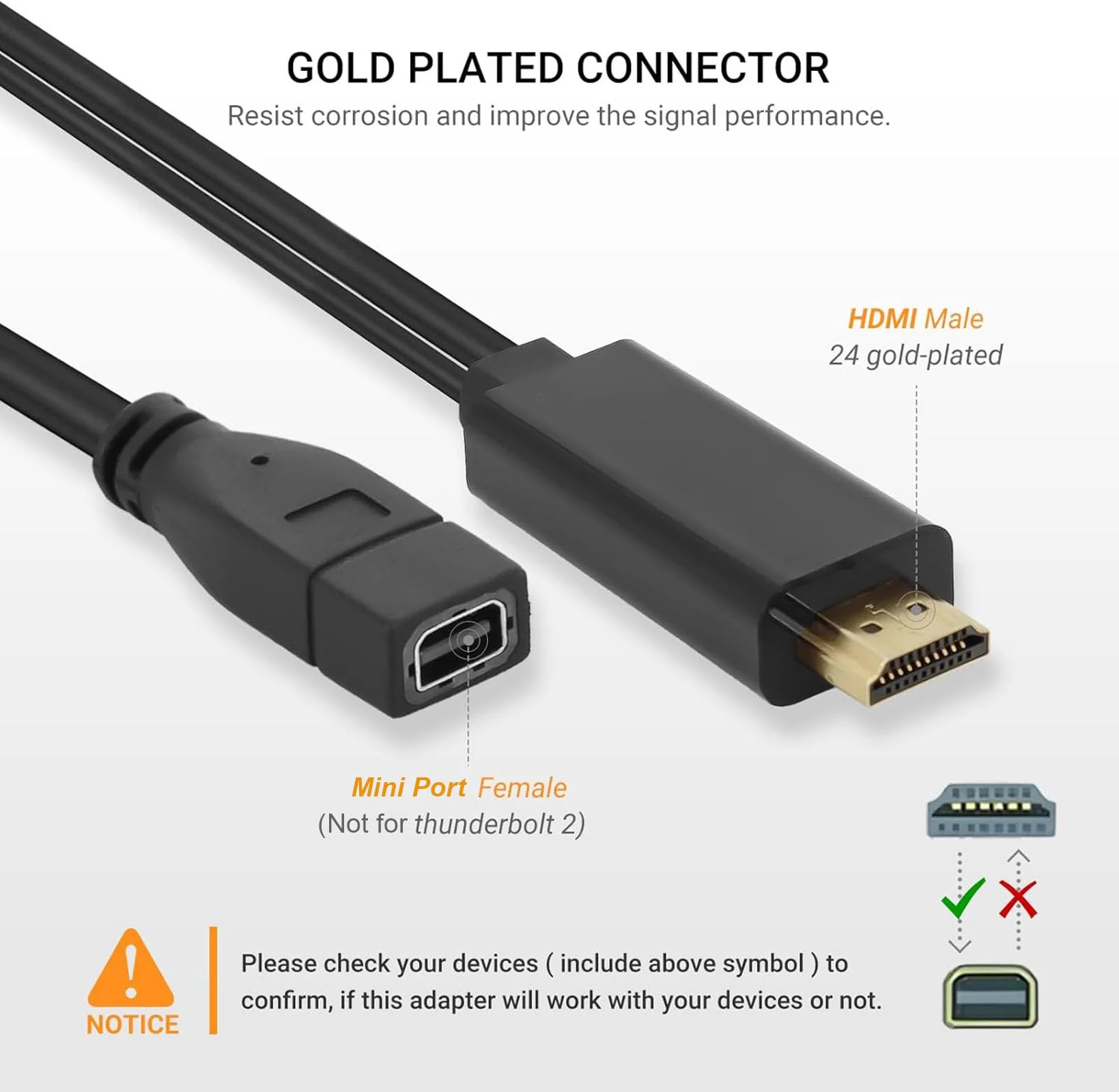 Elecbee HDMI to Mini for Display Port Converter Adapter Cable 4K HDMI Male for Mini Port Female Video Cable with USB Charging - Image 8
