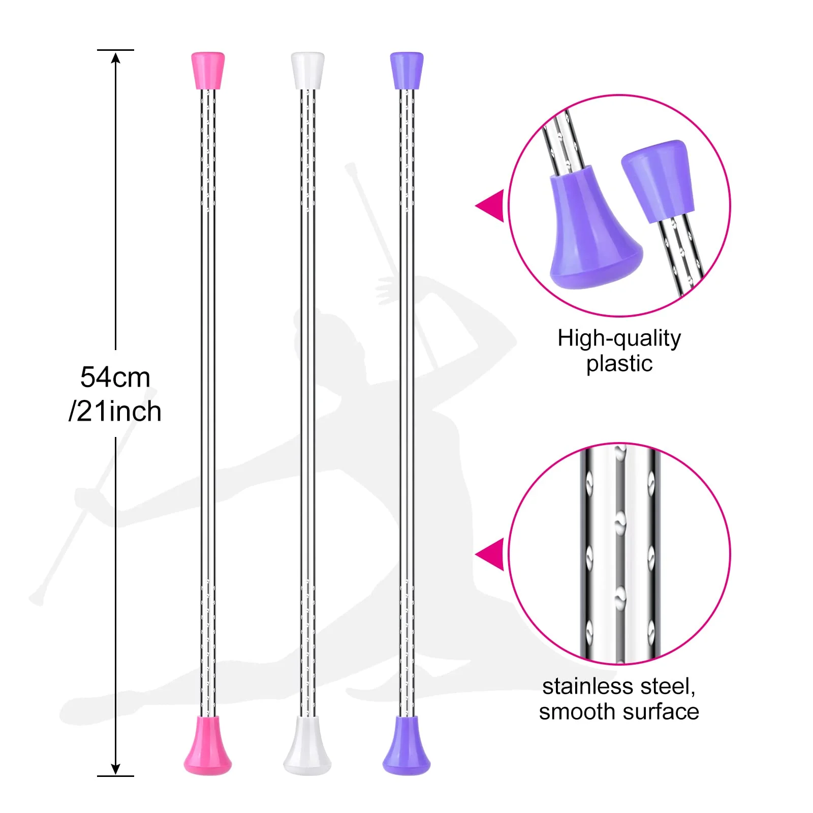 ELECLAND 3Pcs Twirling Batons and 2Pcs Dance Ribbon Wands, 21Inch Kids' Gymnastics Twirling Baton Dance Baton for Artistic Dance, Baton Twirling - Image 2