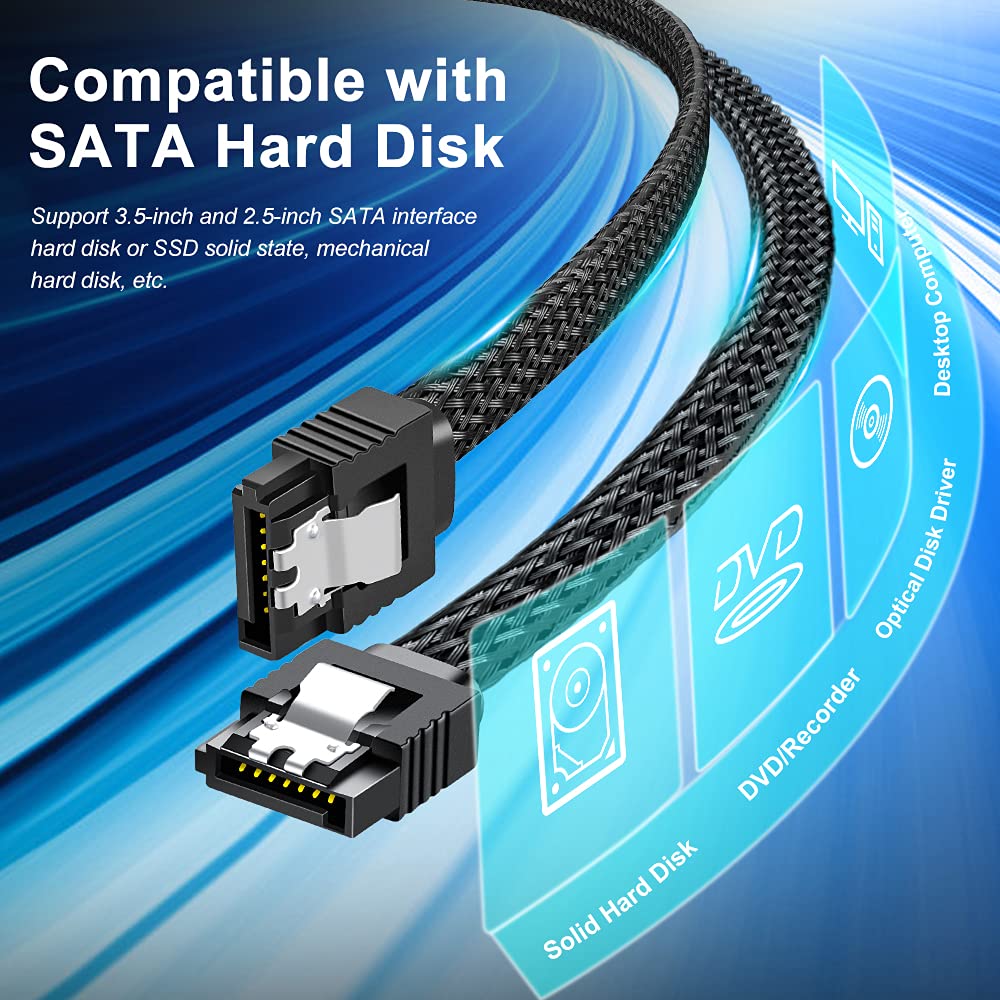 ELECTOP SATA III Cable, 6Gbps Straight HDD SDD Data Cable, SATA 3.0 Nylon Braided Cable with Locking Latch for SATA HDD, SSD, CD Driver, CD Writer(20 Inch, Black,5 Pack) - Image 2
