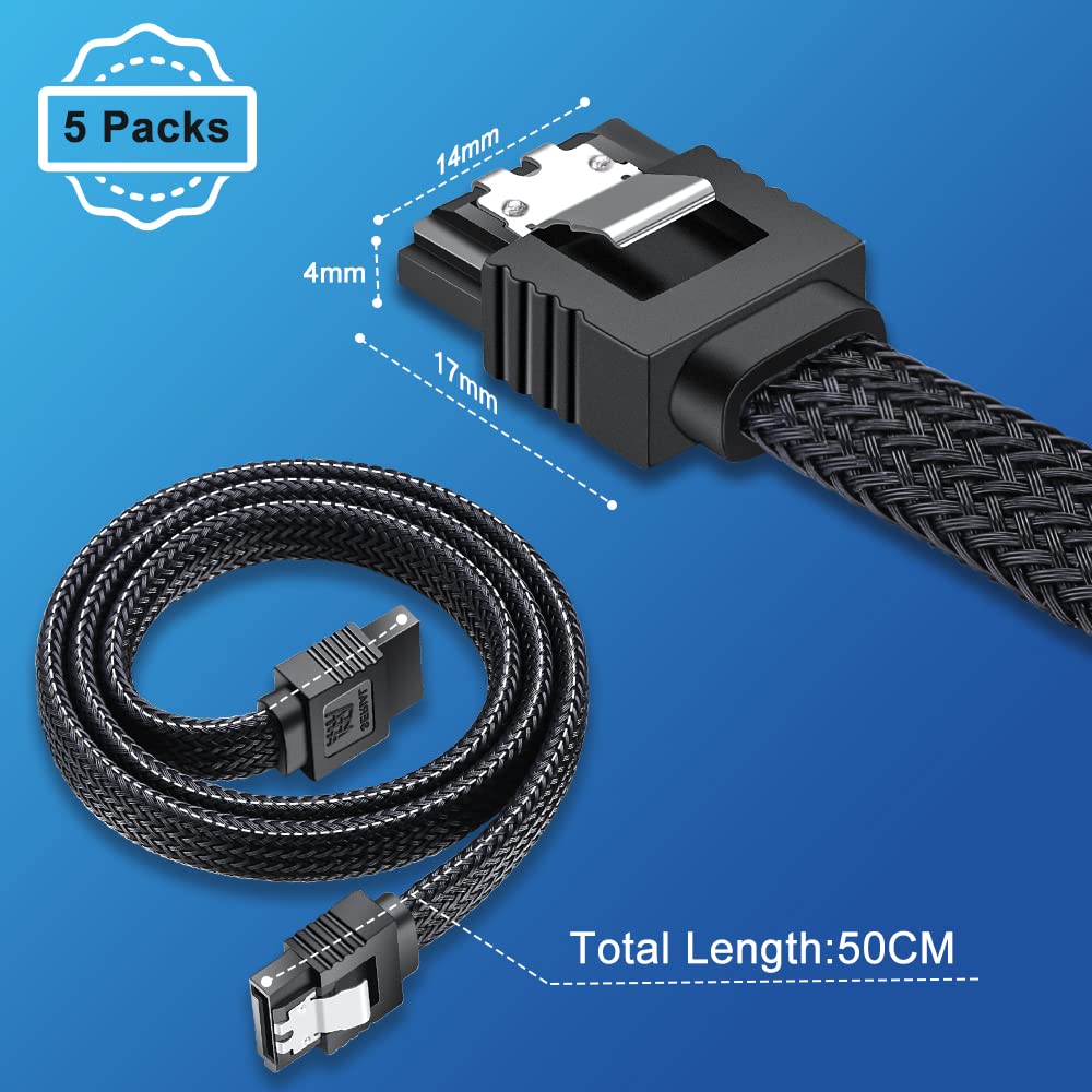 ELECTOP SATA III Cable, 6Gbps Straight HDD SDD Data Cable, SATA 3.0 Nylon Braided Cable with Locking Latch for SATA HDD, SSD, CD Driver, CD Writer(20 Inch, Black,5 Pack) - Image 6
