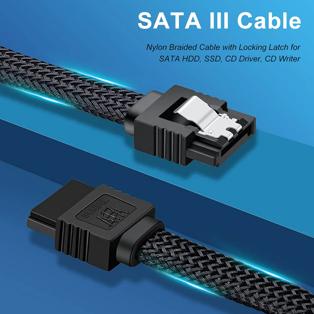 ELECTOP SATA III Cable, 6Gbps Straight HDD SDD Data Cable, SATA 3.0 Nylon Braided Cable with Locking Latch for SATA HDD, SSD, CD Driver, CD Writer(20 Inch, Black,5 Pack) - Image 7