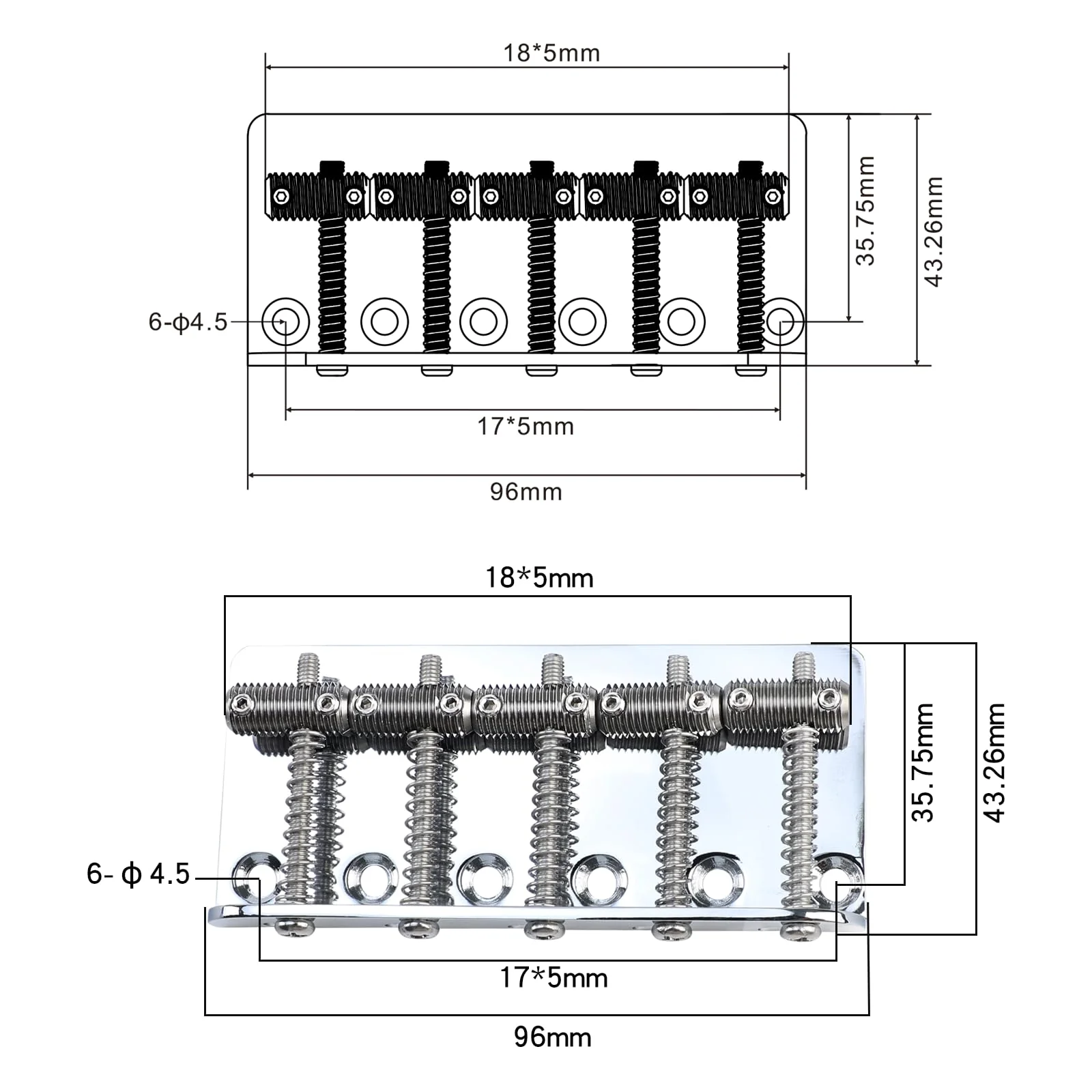 Electric Bass Guitar Bridge with Stainless Steel Threaded Saddles Plate 5 String Fixed Bridge Compatible with Vintage style Fender Jazz Precision Bass Bridge Replacement Parts Chrome 5 Piece - Image 6