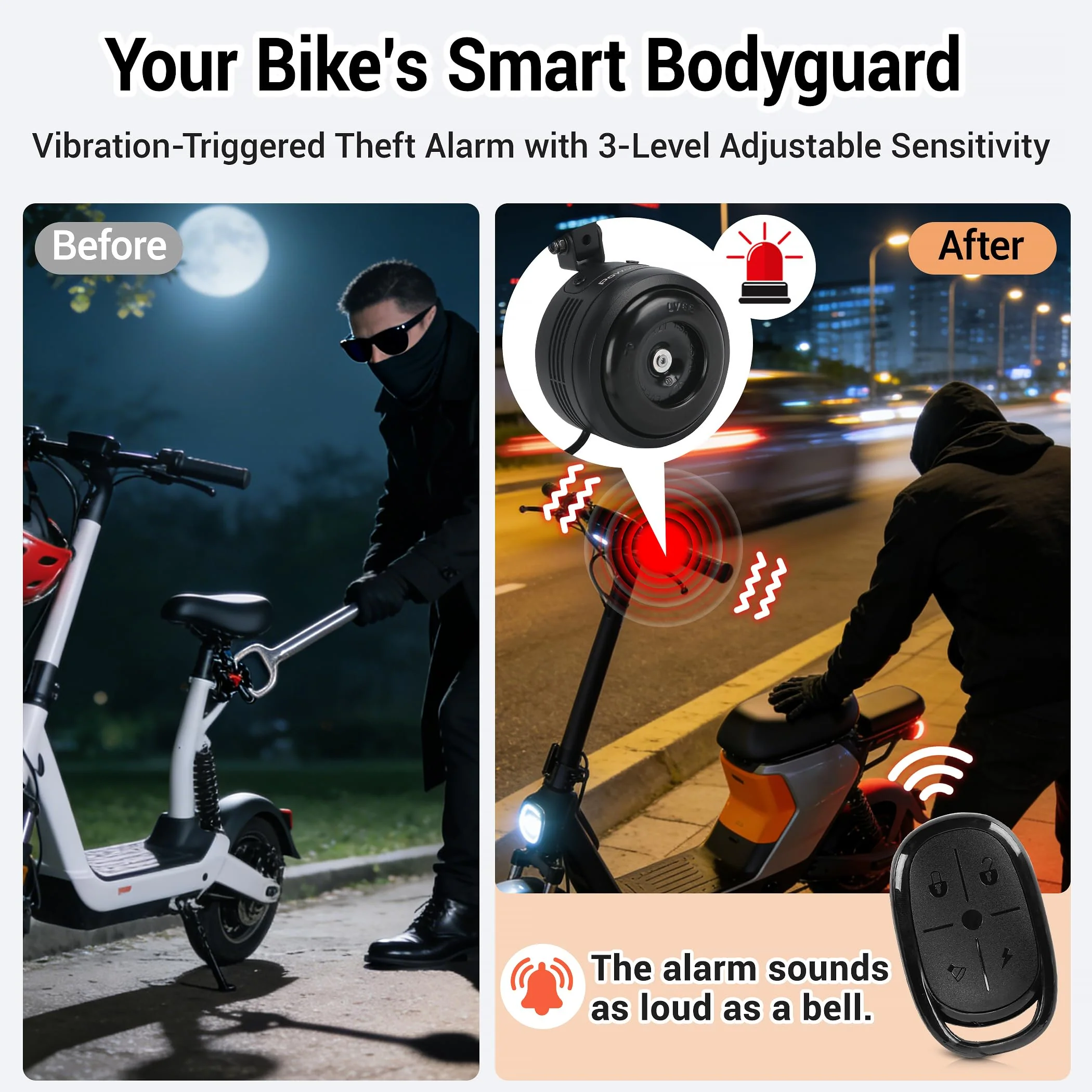 Electric Bike Horn and Alarm System, 125dB, USB-Rechargeable, Waterproof, Remote Control - Image 2