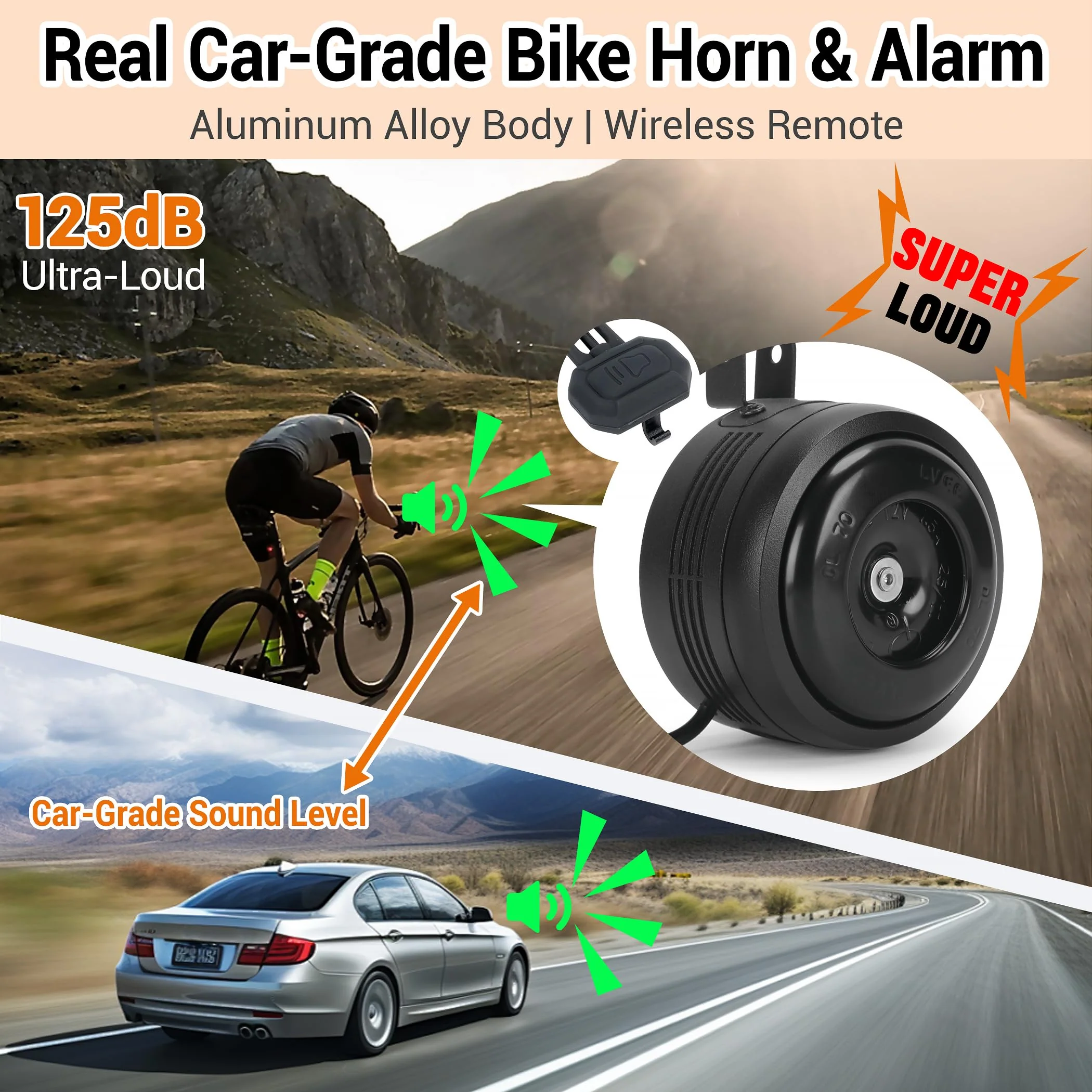 Electric Bike Horn and Alarm System, 125dB, USB-Rechargeable, Waterproof, Remote Control - Image 3