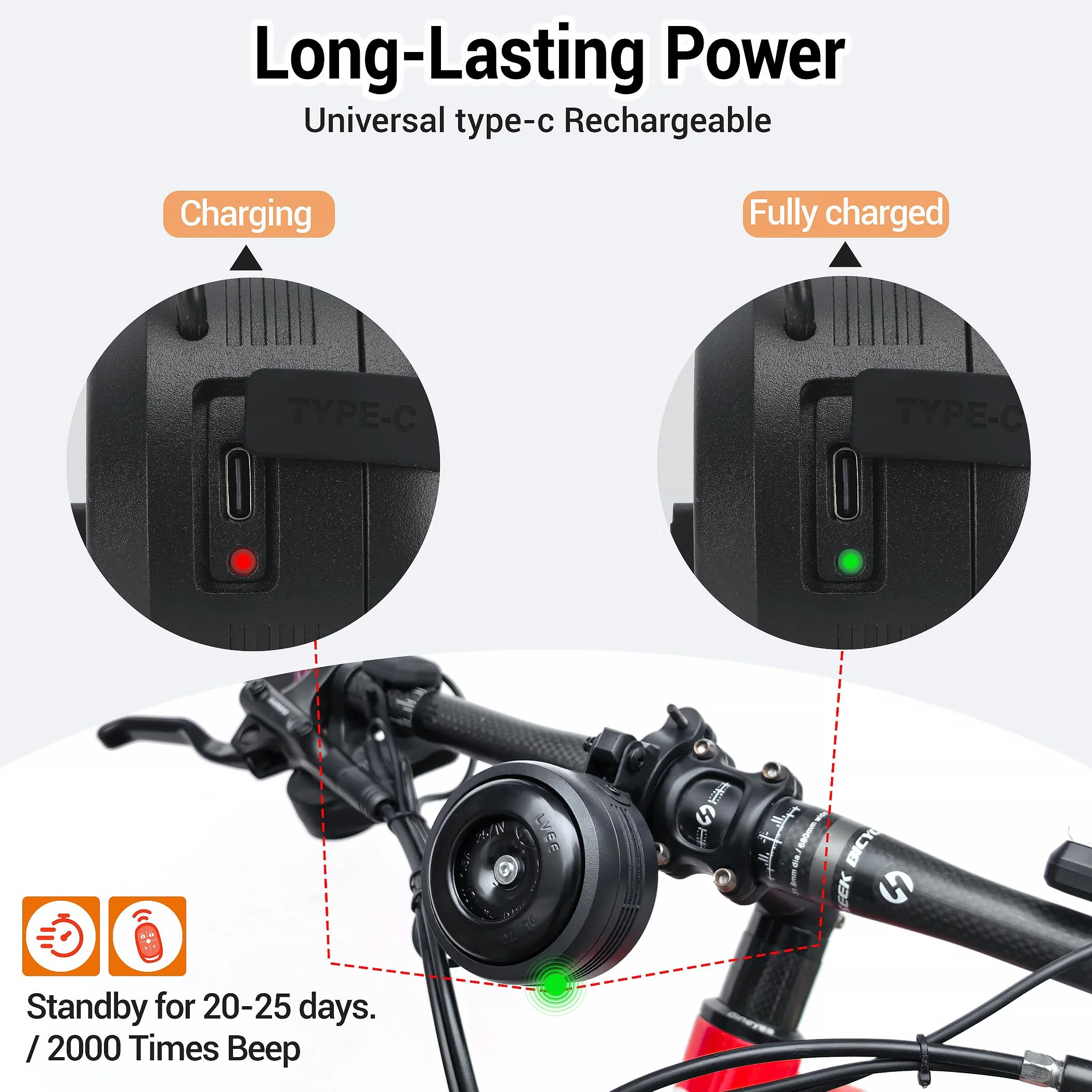 Electric Bike Horn and Alarm System, 125dB, USB-Rechargeable, Waterproof, Remote Control - Image 5