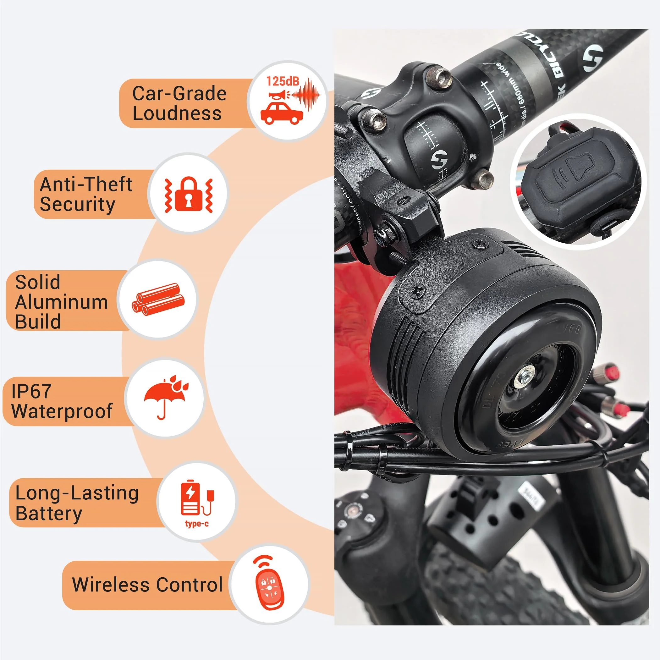 Electric Bike Horn and Alarm System, 125dB, USB-Rechargeable, Waterproof, Remote Control - Image 6