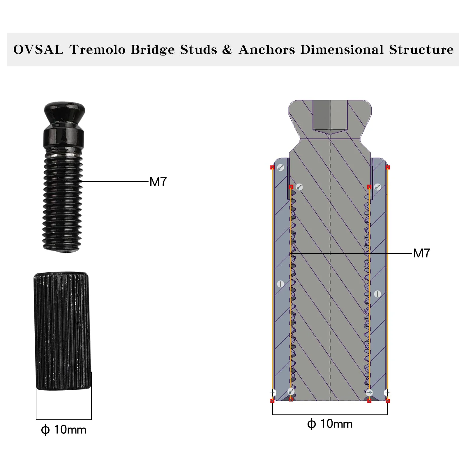 Electric Guitar Bridge Studs Anchors Black M6 Metric Thread Mounting Studs and Inserts Bushings Compatible with Modern American Standard Stratocaster Strat Guitar Bridges Replacement Parts Style A - Image 3