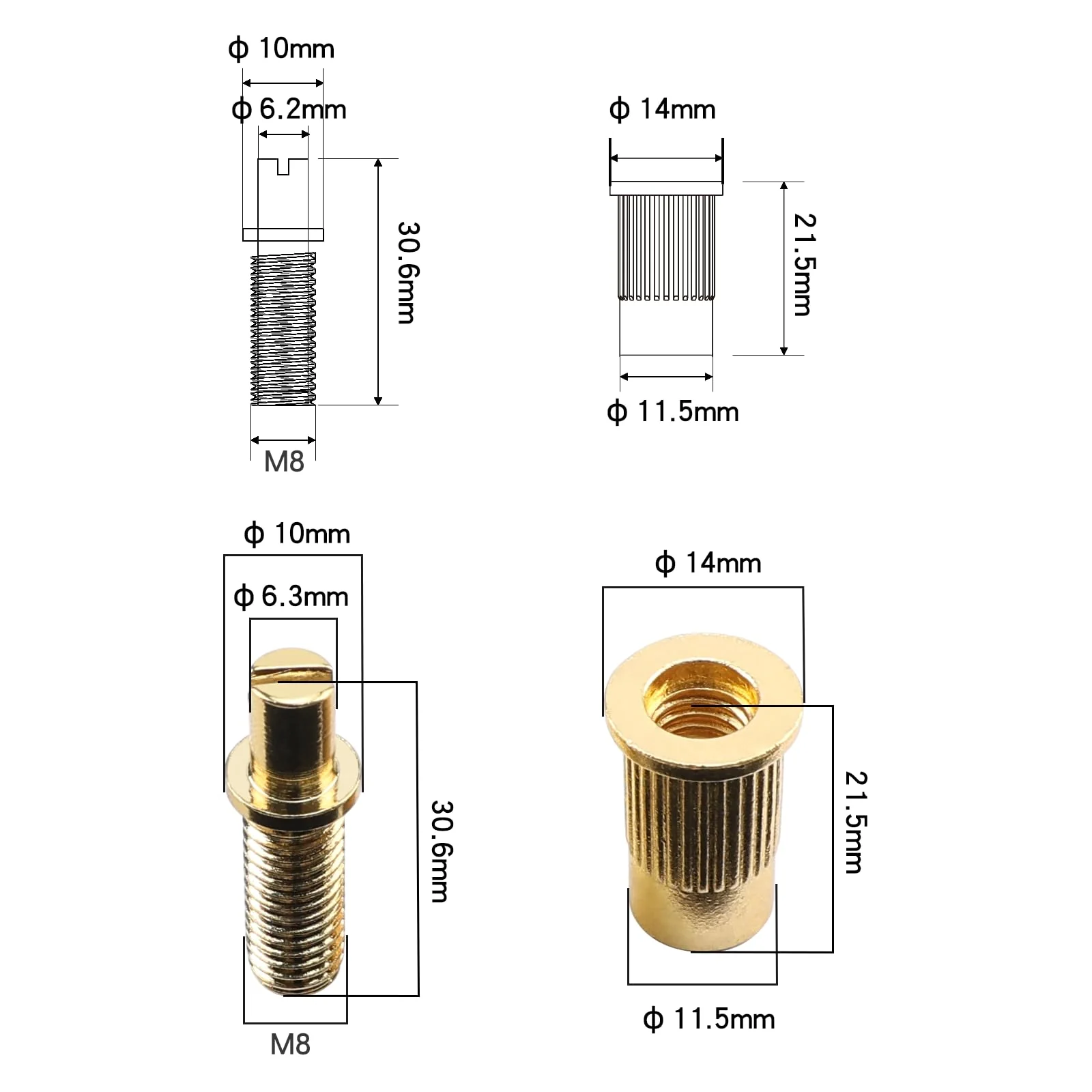 Electric Guitar Bridge Studs Anchors M8 Metric Thread Mounting Studs and Inserts Bushings Compatible with Les Paul Lp Ep Style Electric Guitar Bridges Parts Replacement Gold - Image 6