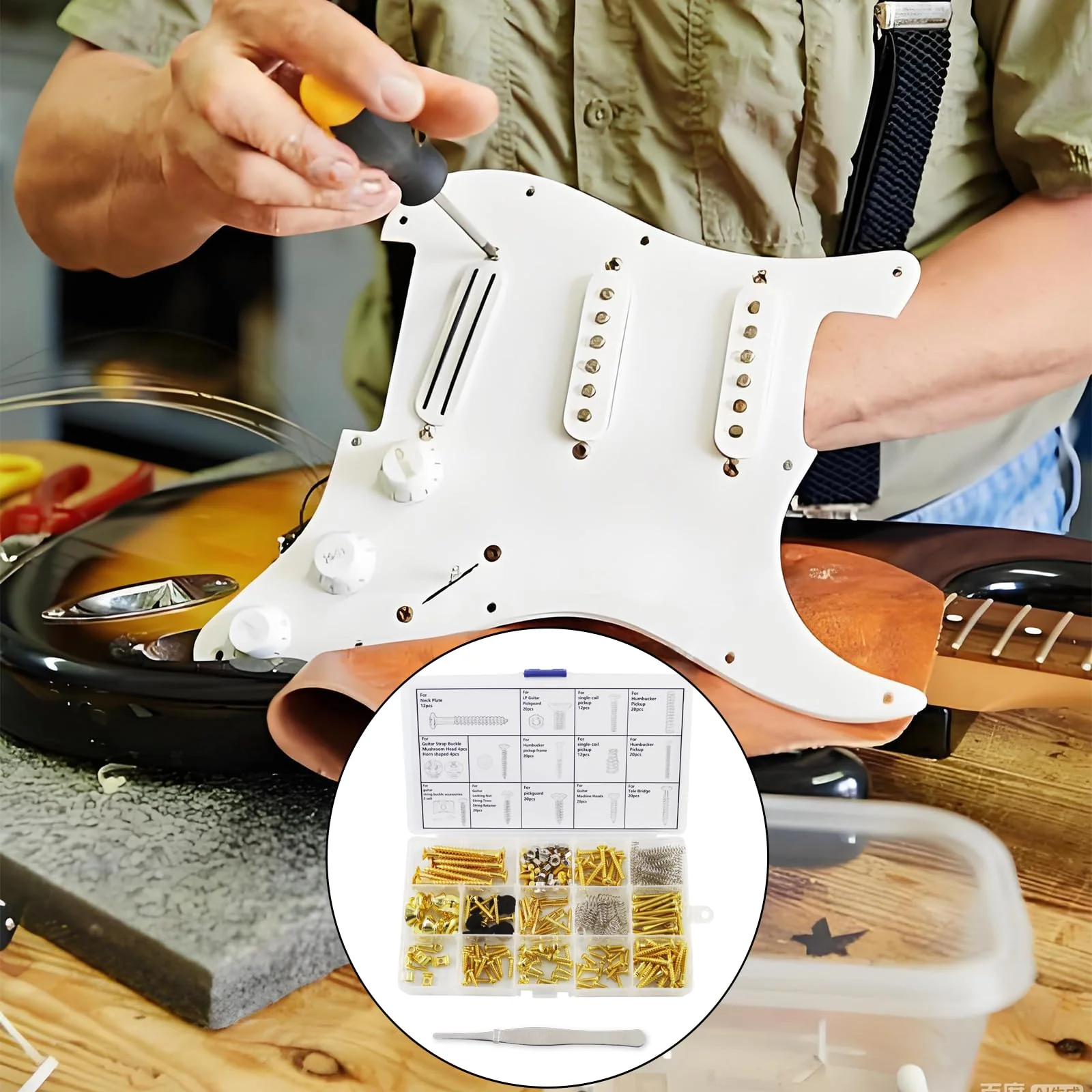 Electric Guitar Screw Set, Suitable for Bridges, Pickups, Pickguards, Tuners, Toggle Switches, and Neck Plates. This 233-Piece DIY Tool Kit Includes Tweezers and Strap Buttons, Gold Golden - Image 5