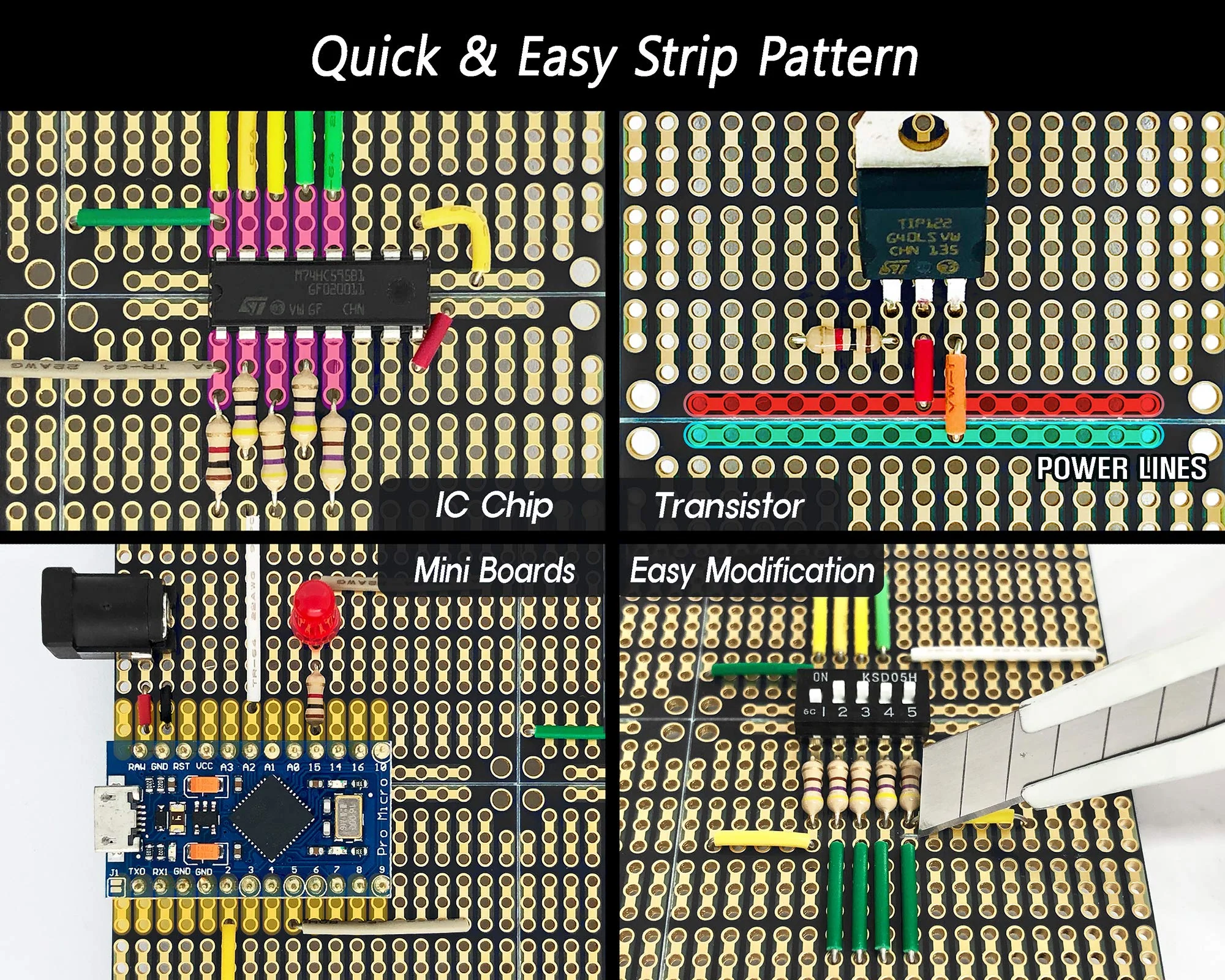 ElectroCookie PCB Prototype Board, Snappable Strip Board with Power Rails for Electronics Projects Compatible for DIY Arduino Soldering Projects, Gold-Plated, 3.8"x3.5" (2 Pack, Matte Black) 2.Black - Image 2
