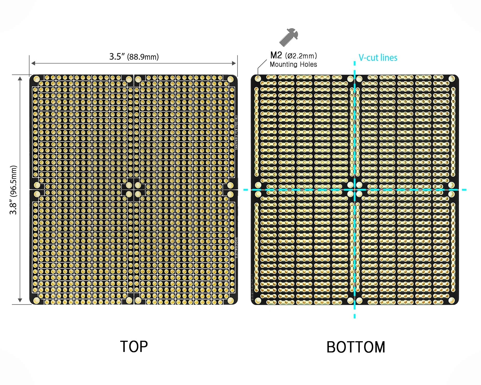 ElectroCookie PCB Prototype Board, Snappable Strip Board with Power Rails for Electronics Projects Compatible for DIY Arduino Soldering Projects, Gold-Plated, 3.8"x3.5" (2 Pack, Matte Black) 2.Black - Image 4
