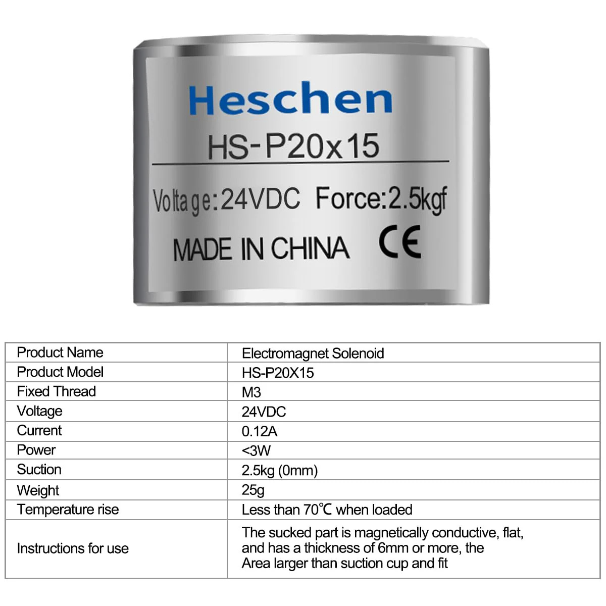 Electromagnet Magnet Solenoid P20/15, OD: 20mm, DC 24V, 2.5Kg/5.5lb - Image 5