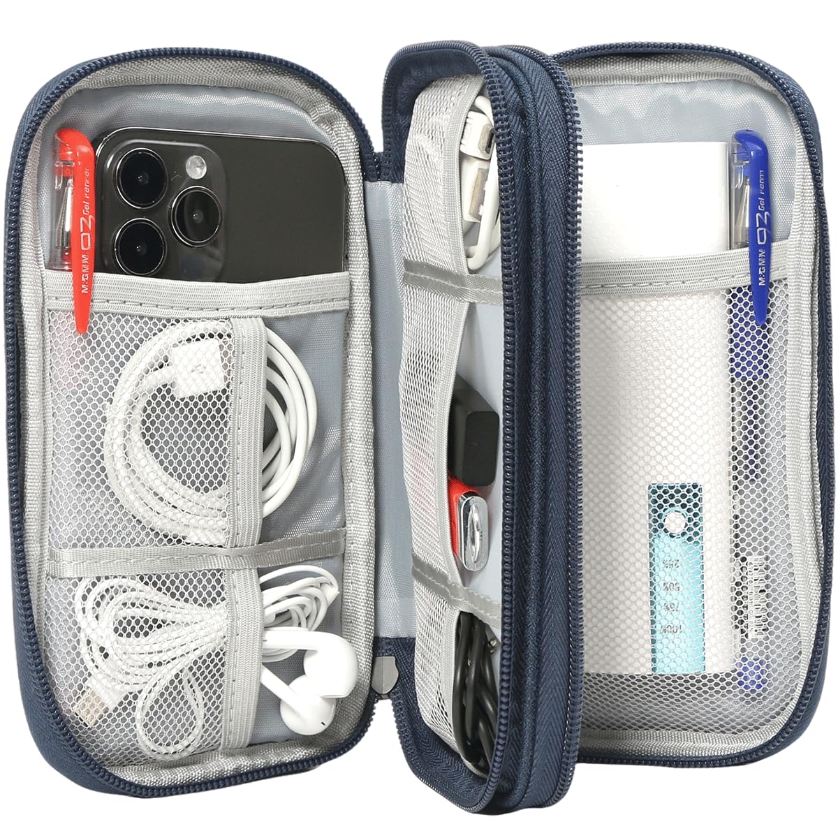 Electronic Bag Travel Cable Accessories Bag Waterproof Double Layer Electronics Organizer Portable Storage Case for Cable, USB, Cord, Charger, Phone, Power Bank, Earphone (Navy Blue, Large) Navy Blue - Image 3