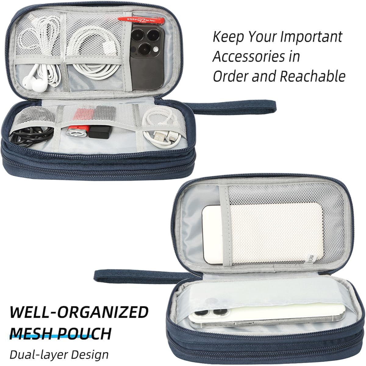 Electronic Bag Travel Cable Accessories Bag Waterproof Double Layer Electronics Organizer Portable Storage Case for Cable, USB, Cord, Charger, Phone, Power Bank, Earphone (Navy Blue, Large) Navy Blue - Image 5