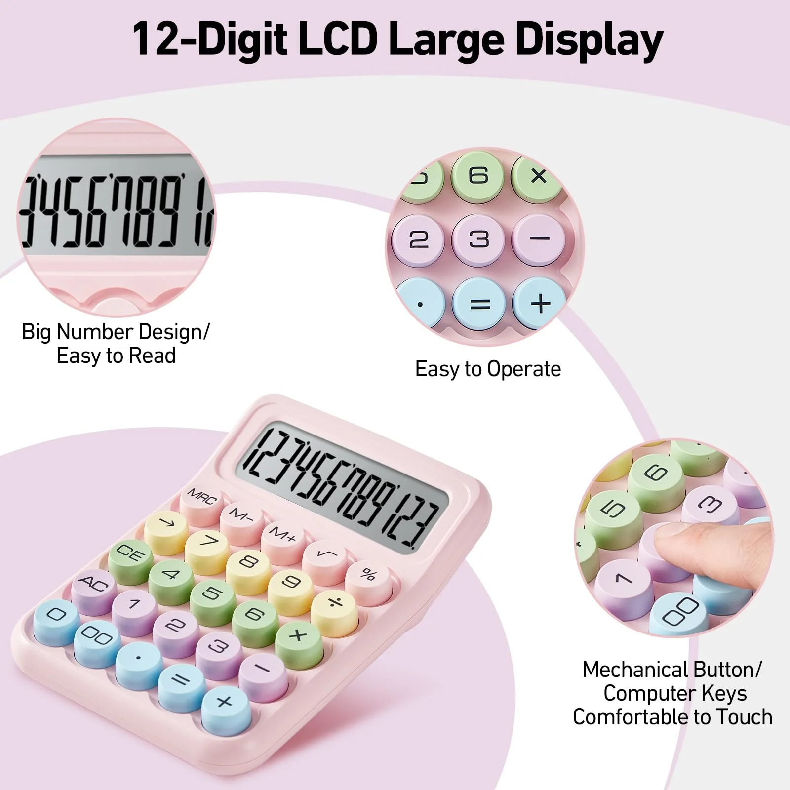 Electronic Calculator,12 Digits Large LCD Display Small Desktop Calculator,Pink Basic Calculators with Big Buttons,Easy to Press Mechanical Switch Calculator Office Supplies for Home and School (Pink) - Image 3