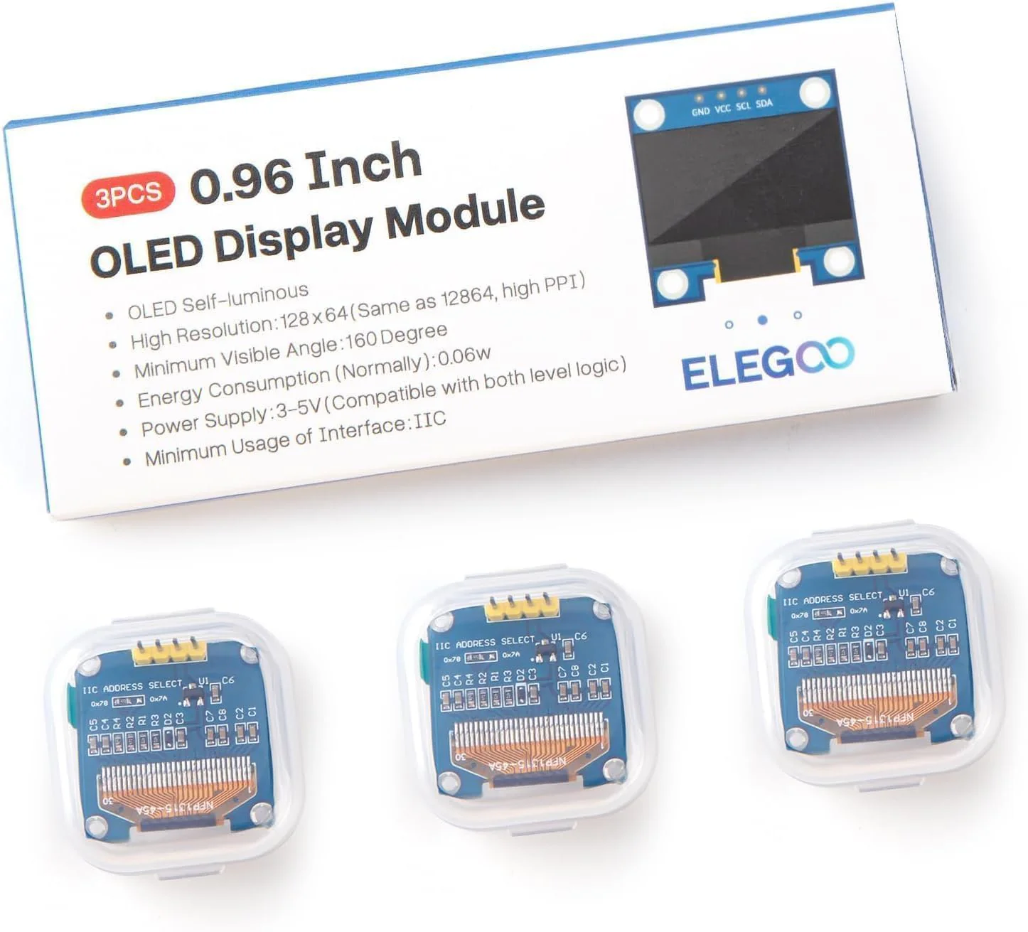 ELEGOO 0.96 Inch OLED Display Module Compact Self Luminous Mini Screens for Arduino Projects, Pack of 3 - Image 3