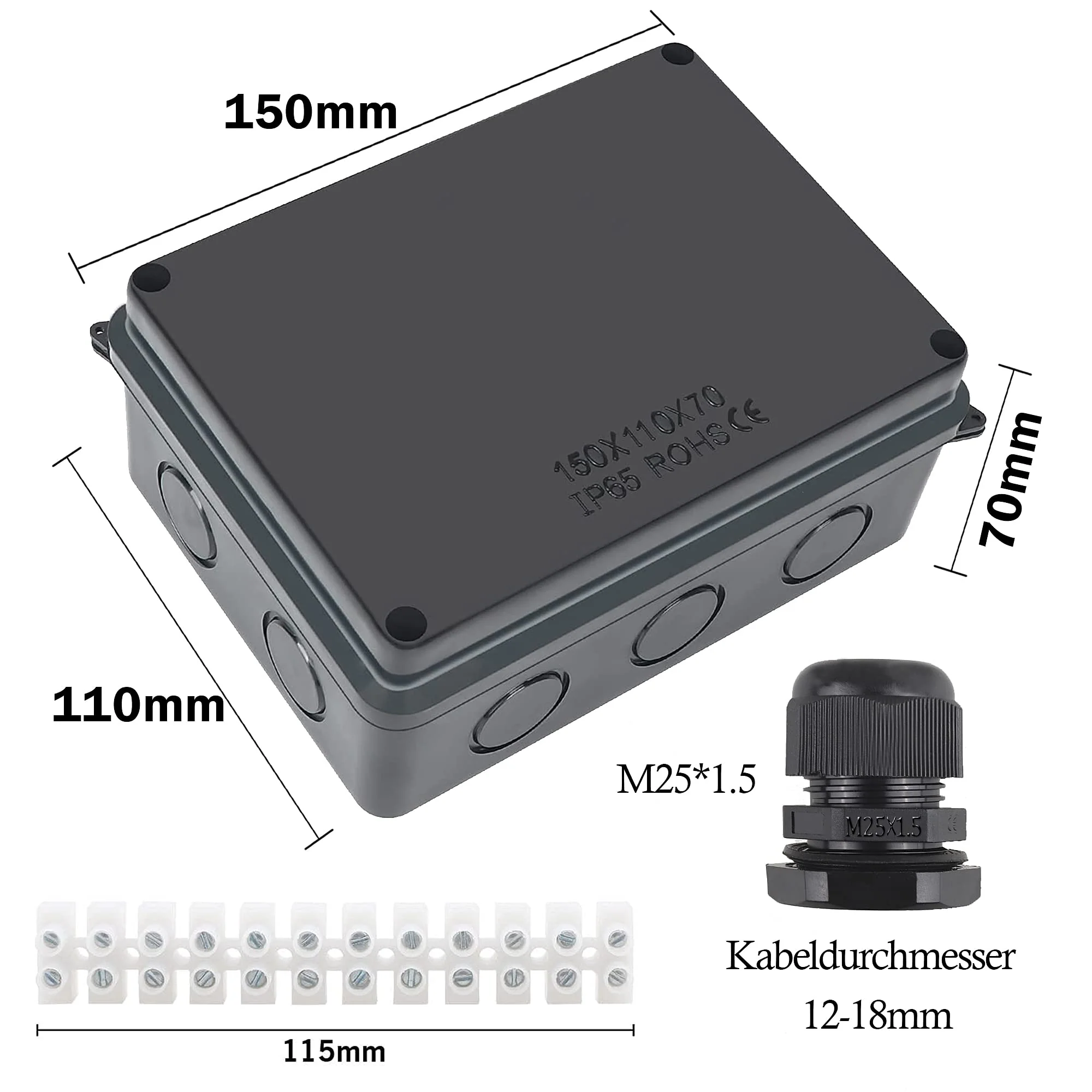 Elezenioc Junction Box Waterproof IP65 Surface-Mounted Junction Box, M25 Distribution Box, Large ABS Electrical Box, Outdoor Cable Connection, External Electrical Junction Box, Black (150 x 110 x 70 - Image 5