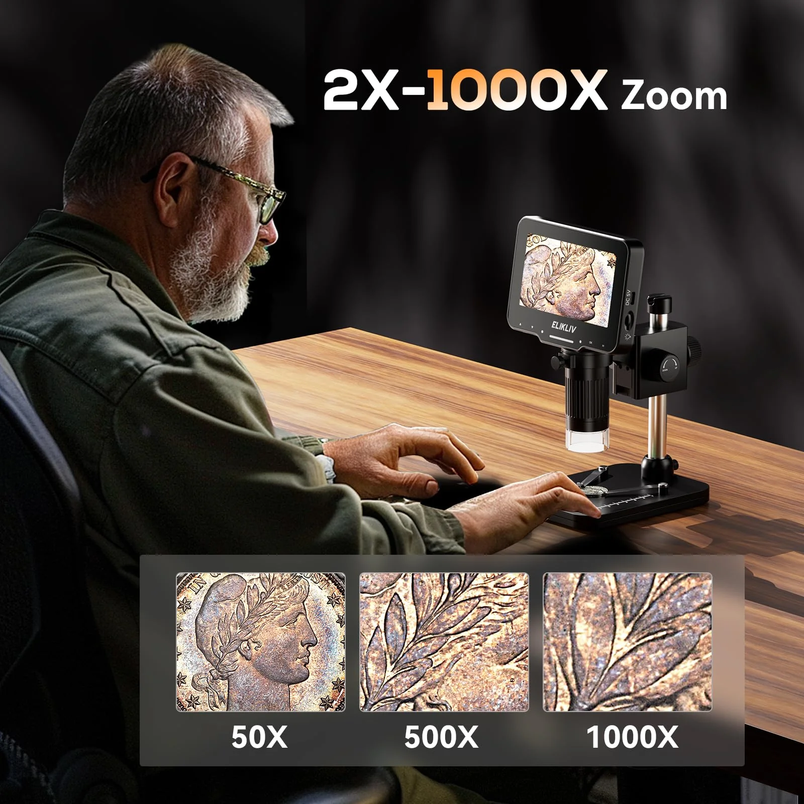 Elikliv EDM4 Max Coin Microscope, 4.3'' LCD Digital Microscope 1000x Coin Magnifier with 8 Adjustable LED Lights, PC View Compatible with Windows/MacBook, Great for Adults and Kids, Collector Black - Image 3