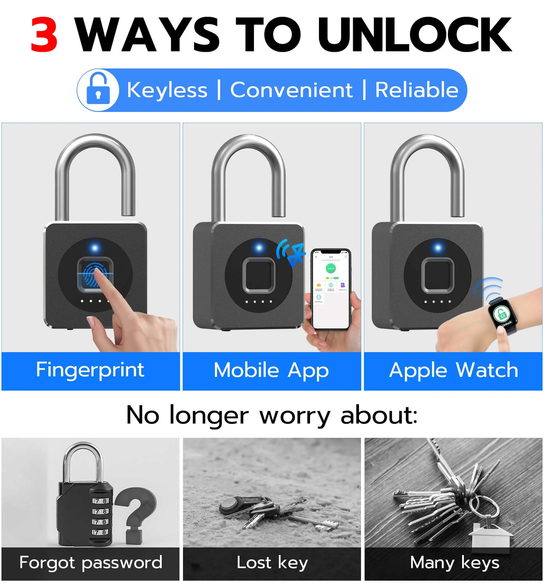 eLinkSmart Fingerprint Gym Locker Lock, Keyless Biometric Padlock, Weatherproof Electronic Digital Smart Combo Pad Lock for Outdoor Fence Gate Storage Fridge Helmet Ski Pool Shed (Black, with Cable) Black, with Cable - Image 2