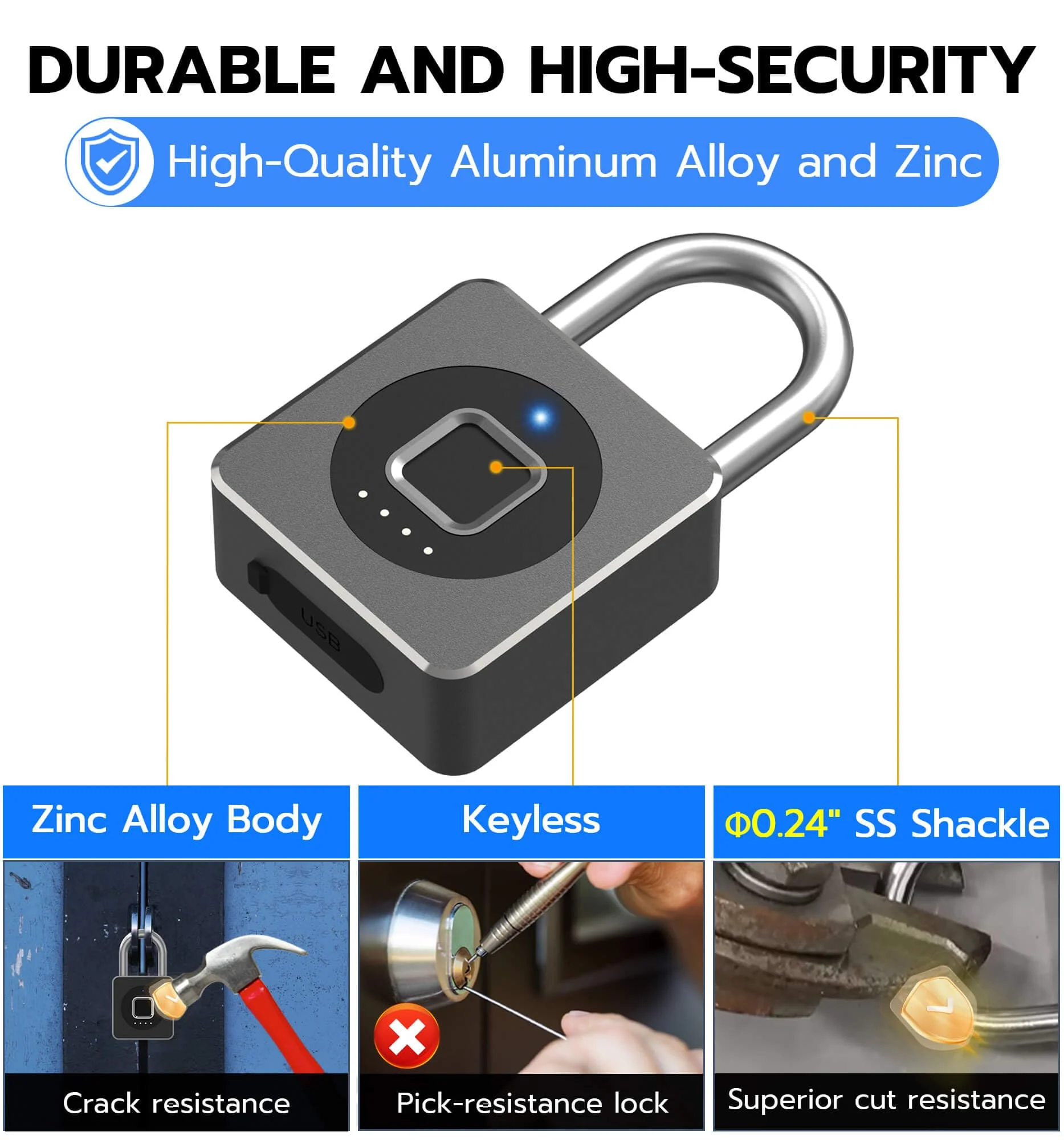 eLinkSmart Fingerprint Gym Locker Lock, Keyless Biometric Padlock, Weatherproof Electronic Digital Smart Combo Pad Lock for Outdoor Fence Gate Storage Fridge Helmet Ski Pool Shed (Black, with Cable) Black, with Cable - Image 5
