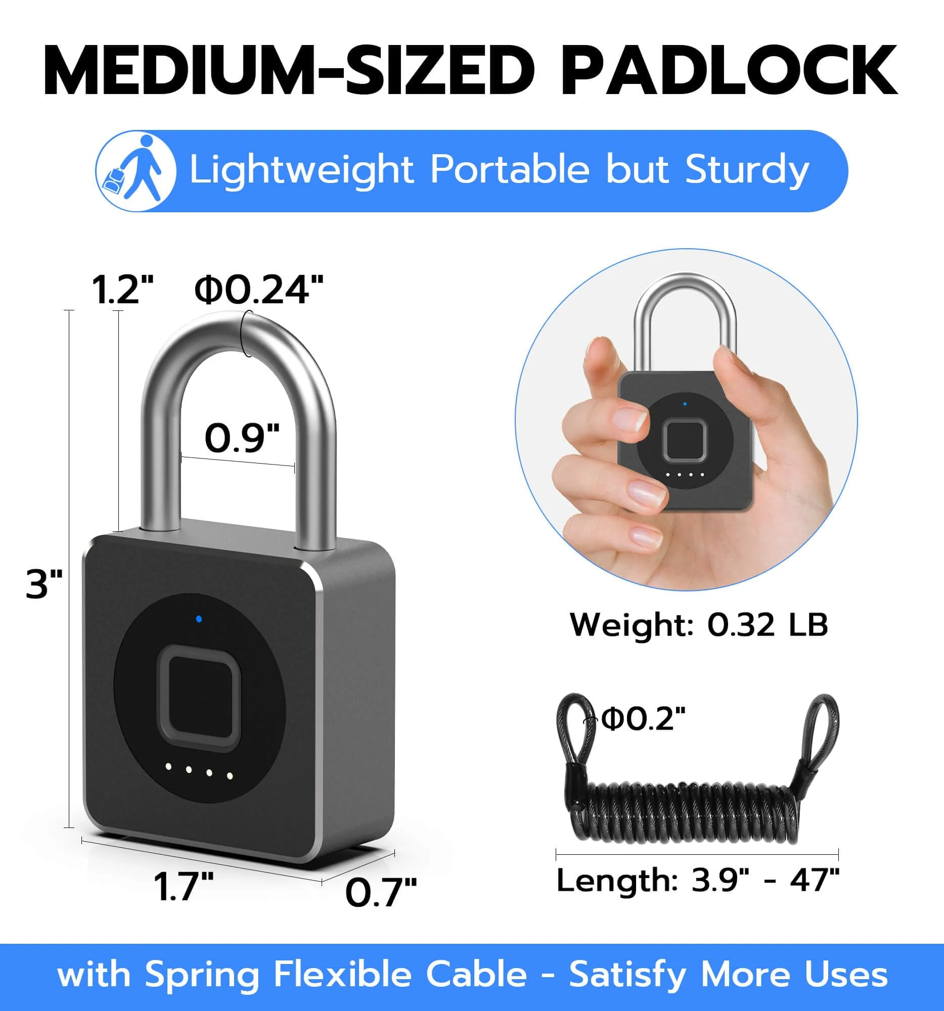 eLinkSmart Fingerprint Gym Locker Lock, Keyless Biometric Padlock, Weatherproof Electronic Digital Smart Combo Pad Lock for Outdoor Fence Gate Storage Fridge Helmet Ski Pool Shed (Black, with Cable) Black, with Cable - Image 6