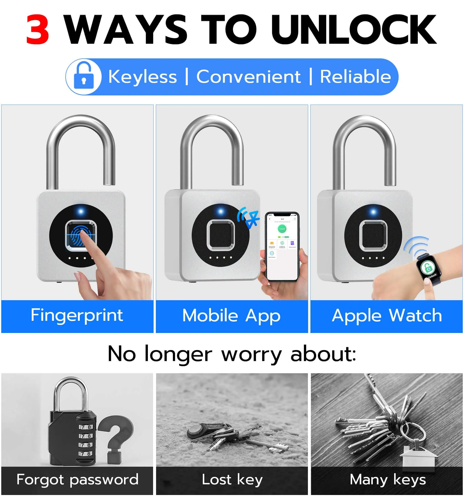 eLinkSmart Fingerprint Gym Locker Lock, Keyless Biometric Padlock, Weatherproof Electronic Digital Smart Combo Pad Lock for Outdoor Fence Gate Storage Fridge Helmet Ski Pool Shed (Silver, with Cable) Silver, with Cable - Image 2