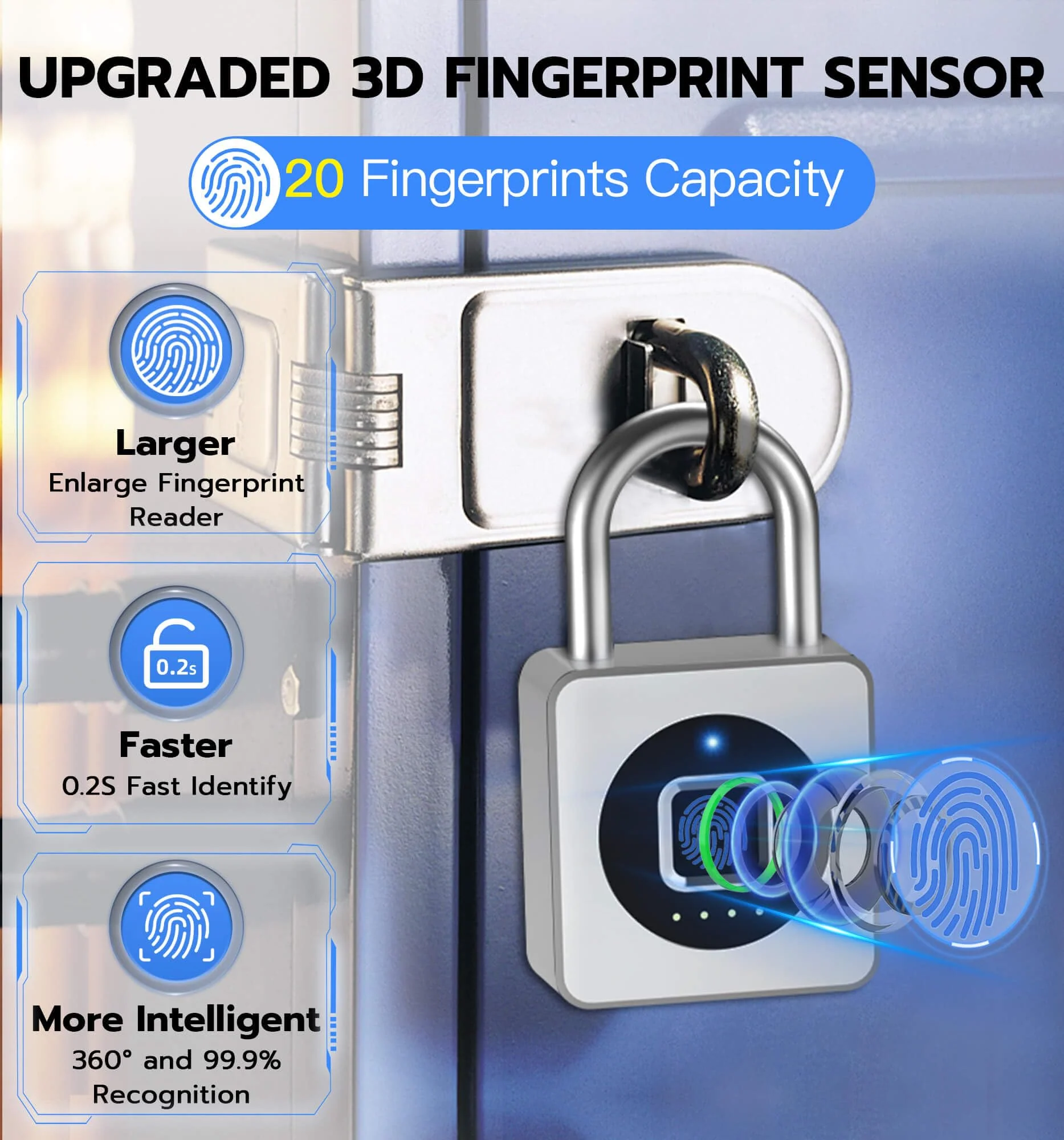 eLinkSmart Fingerprint Gym Locker Lock, Keyless Biometric Padlock, Weatherproof Electronic Digital Smart Combo Pad Lock for Outdoor Fence Gate Storage Fridge Helmet Ski Pool Shed (Silver, with Cable) Silver, with Cable - Image 3