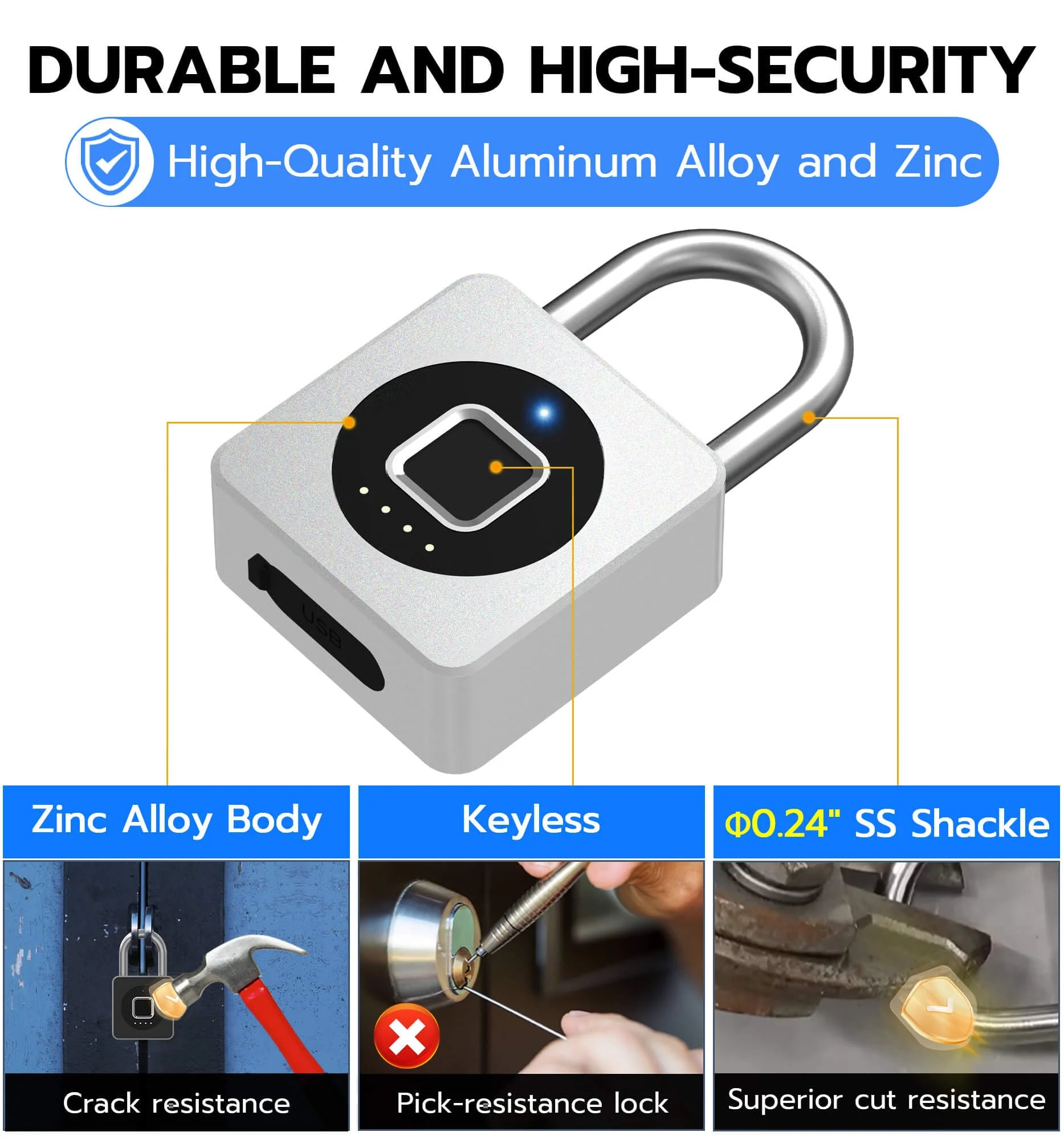 eLinkSmart Fingerprint Gym Locker Lock, Keyless Biometric Padlock, Weatherproof Electronic Digital Smart Combo Pad Lock for Outdoor Fence Gate Storage Fridge Helmet Ski Pool Shed (Silver, with Cable) Silver, with Cable - Image 5