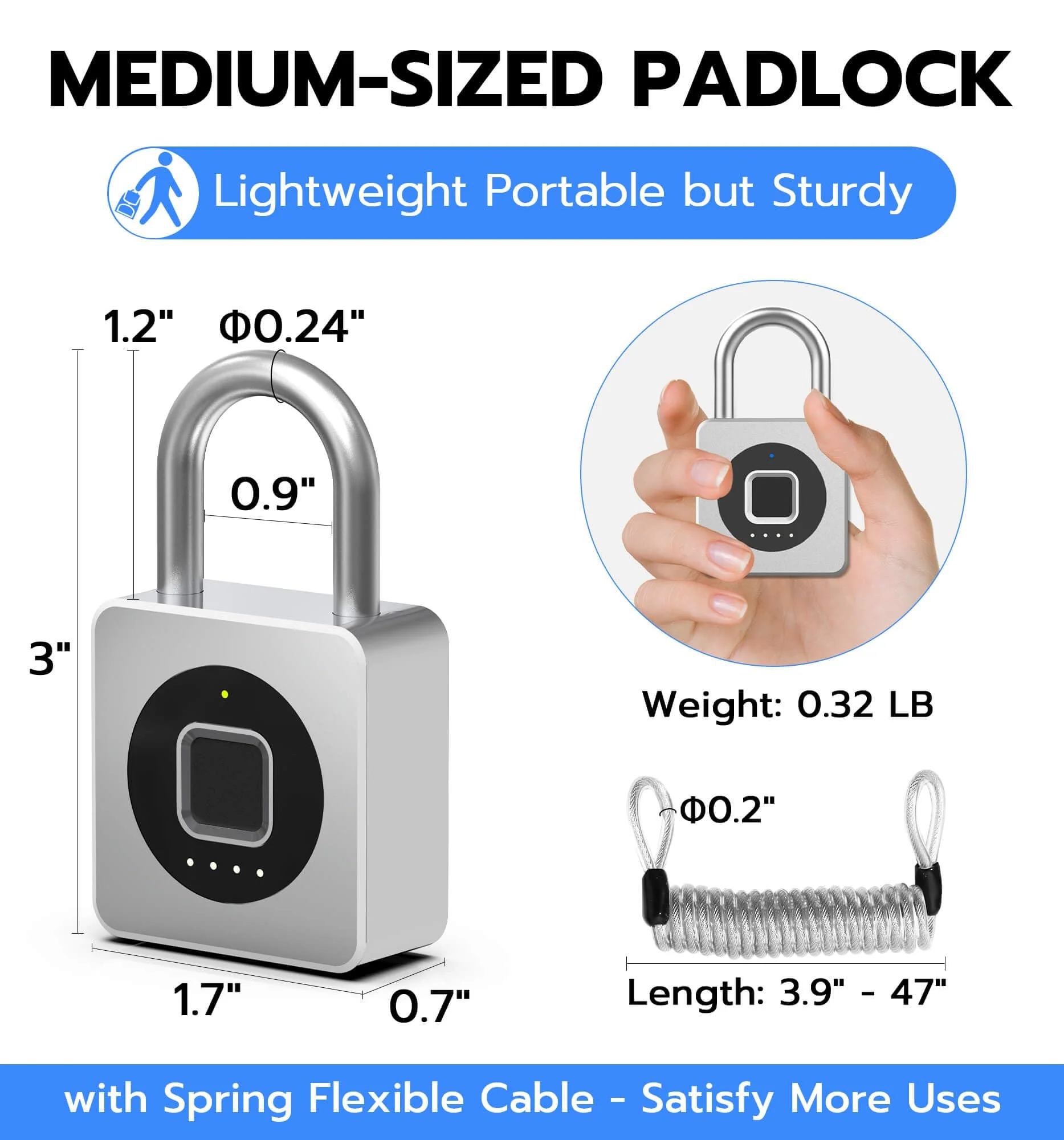 eLinkSmart Fingerprint Gym Locker Lock, Keyless Biometric Padlock, Weatherproof Electronic Digital Smart Combo Pad Lock for Outdoor Fence Gate Storage Fridge Helmet Ski Pool Shed (Silver, with Cable) Silver, with Cable - Image 6