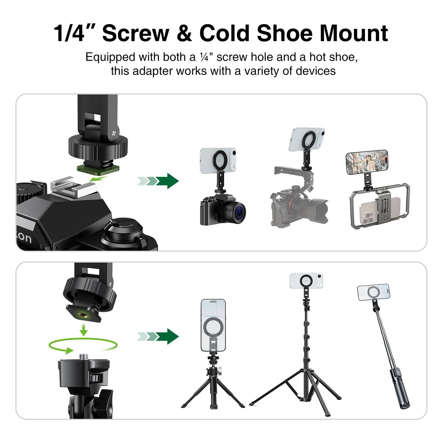 elitehood Magsafe Tripod Mount Adapter with 1/4” Screw & Hot Shoe, Lightweight Compact Cell Phone Tripod Mount for Camera, iPhone Camera Holder with Dual Hinges for iPhone 17 16 15 14 13 Series - Image 4