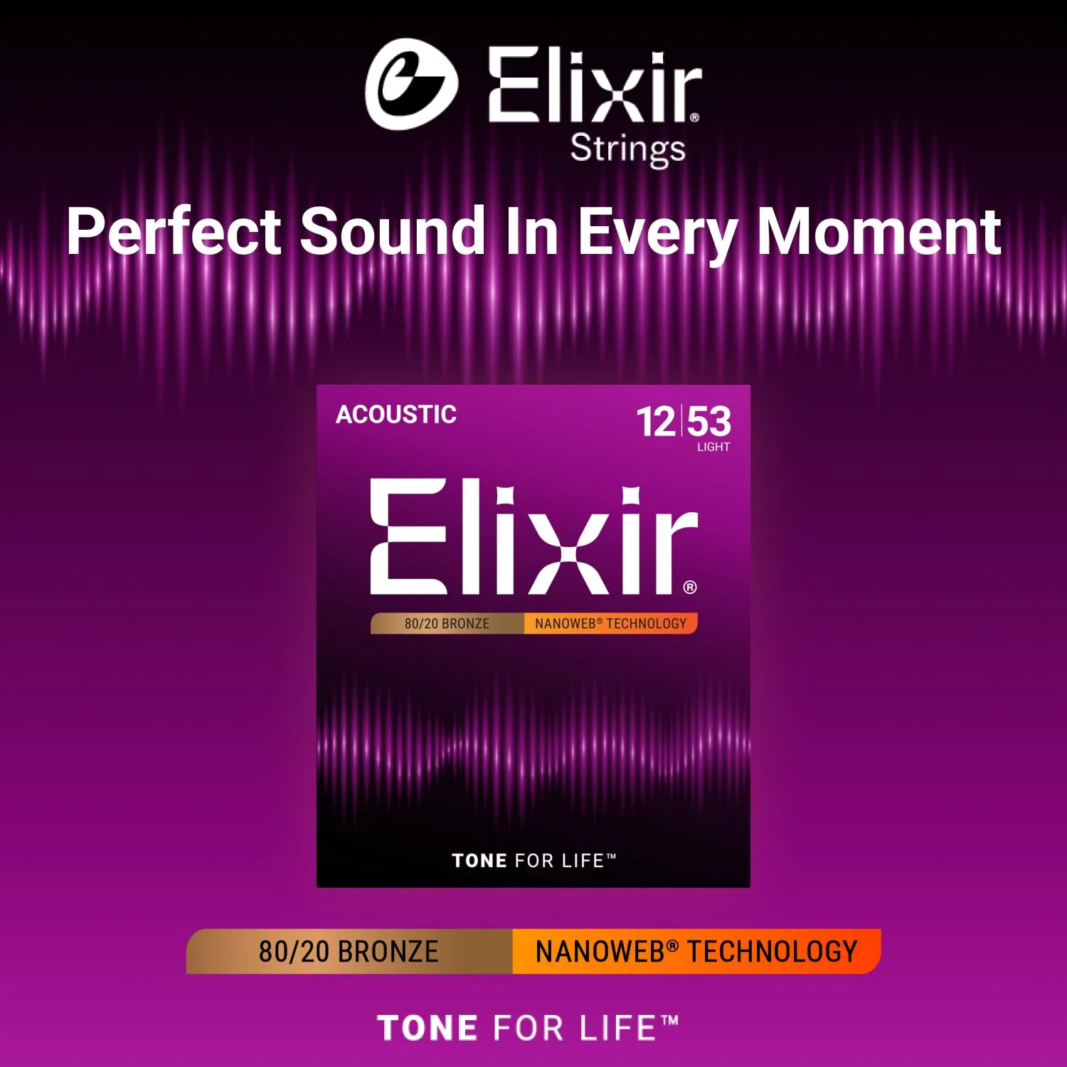 Elixir Strings, Acoustic Guitar Strings, 80/20 Bronze with NANOWEB Coating, Longest-Lasting Bright and Focused Tone with Comfortable Feel, 6 String Set, Light 12-53 Light (.012-.053) 1 Pack - Image 3