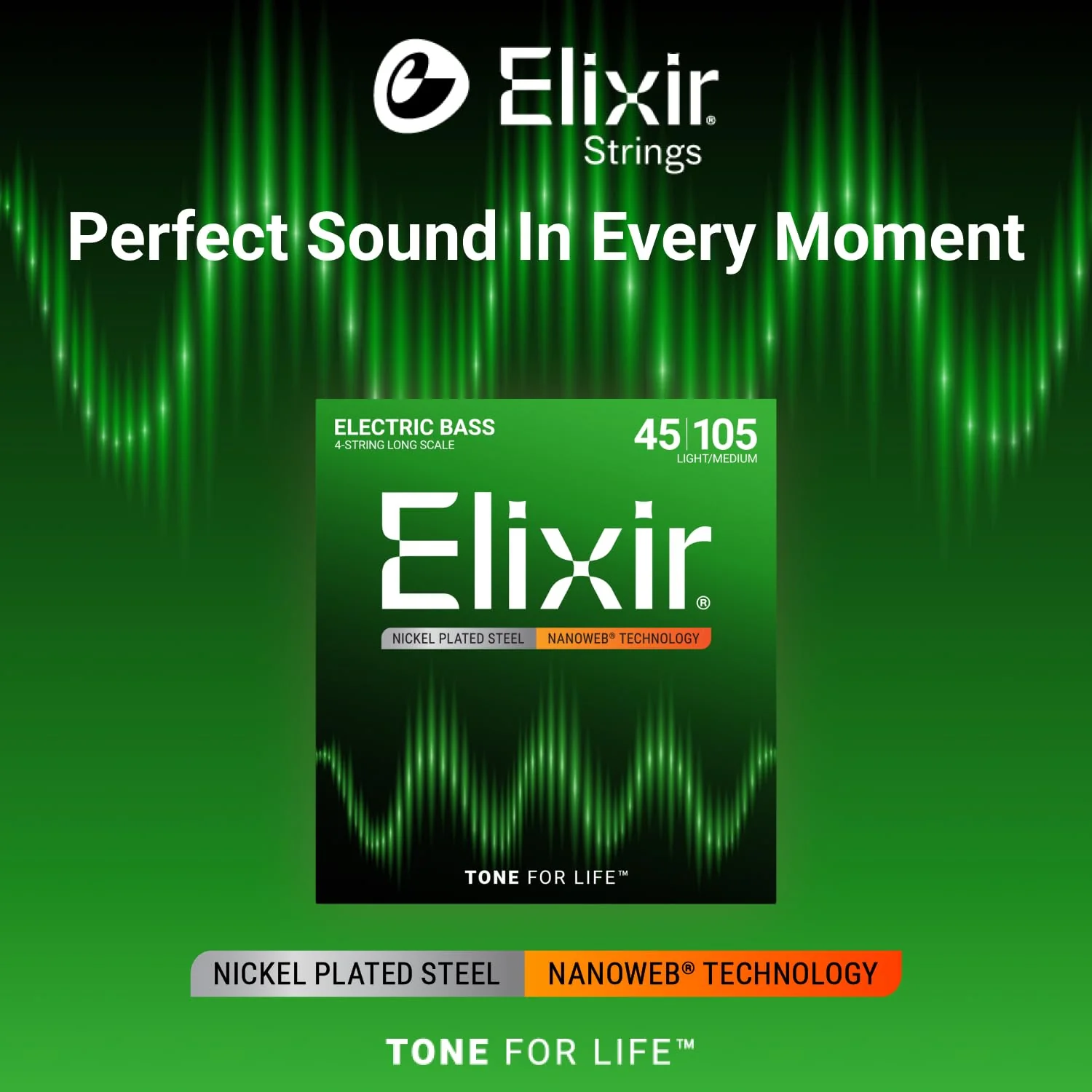 Elixir Strings Nickel Plated Steel 4-String Bass Strings w NANOWEB Coating, Long Scale, Light/Medium (.045-.105) Lt Medium, Long Scale (.045-.105) 4 String Set - Image 3
