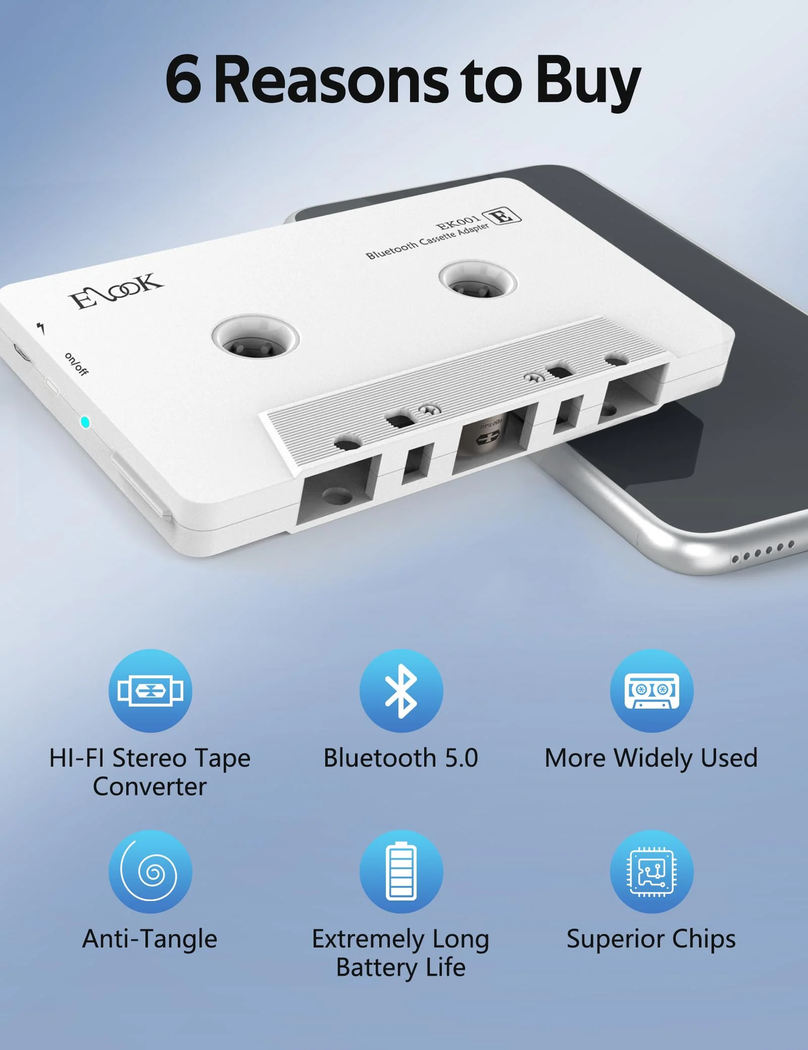 Elook Car Audio Receiver, Bluetooth Cassette Receiver Tape Aux Adapter Player with Bluetooth 5.0, White - Image 2