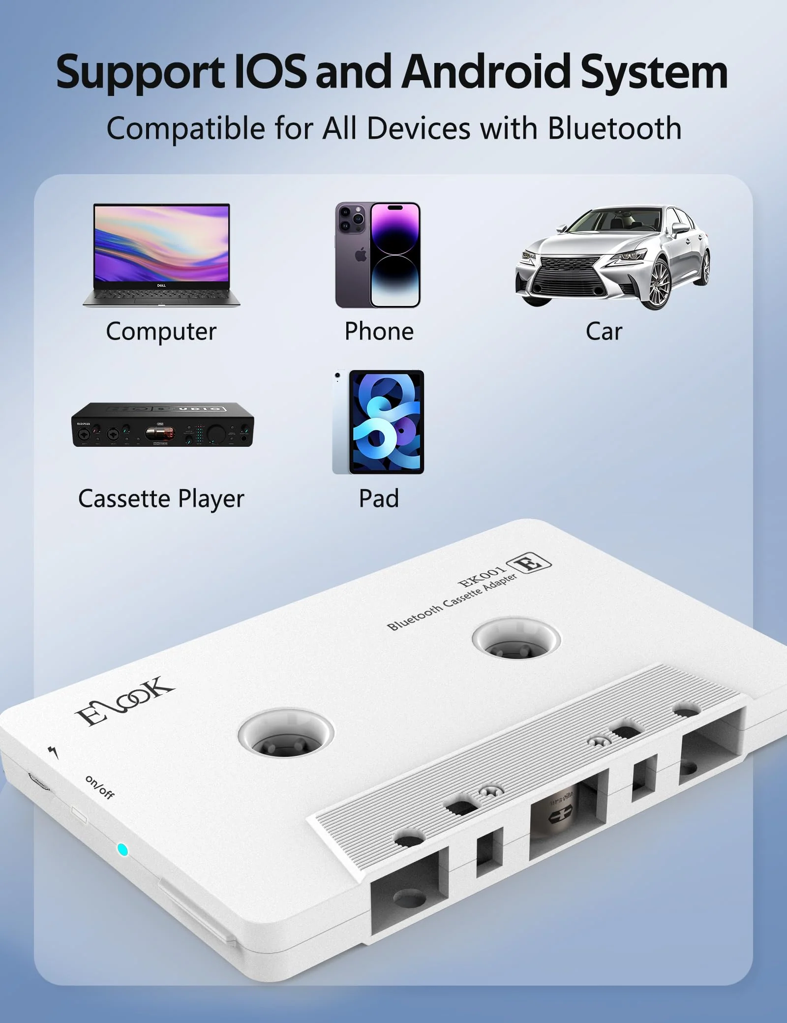 Elook Car Audio Receiver, Bluetooth Cassette Receiver Tape Aux Adapter Player with Bluetooth 5.0, White - Image 3