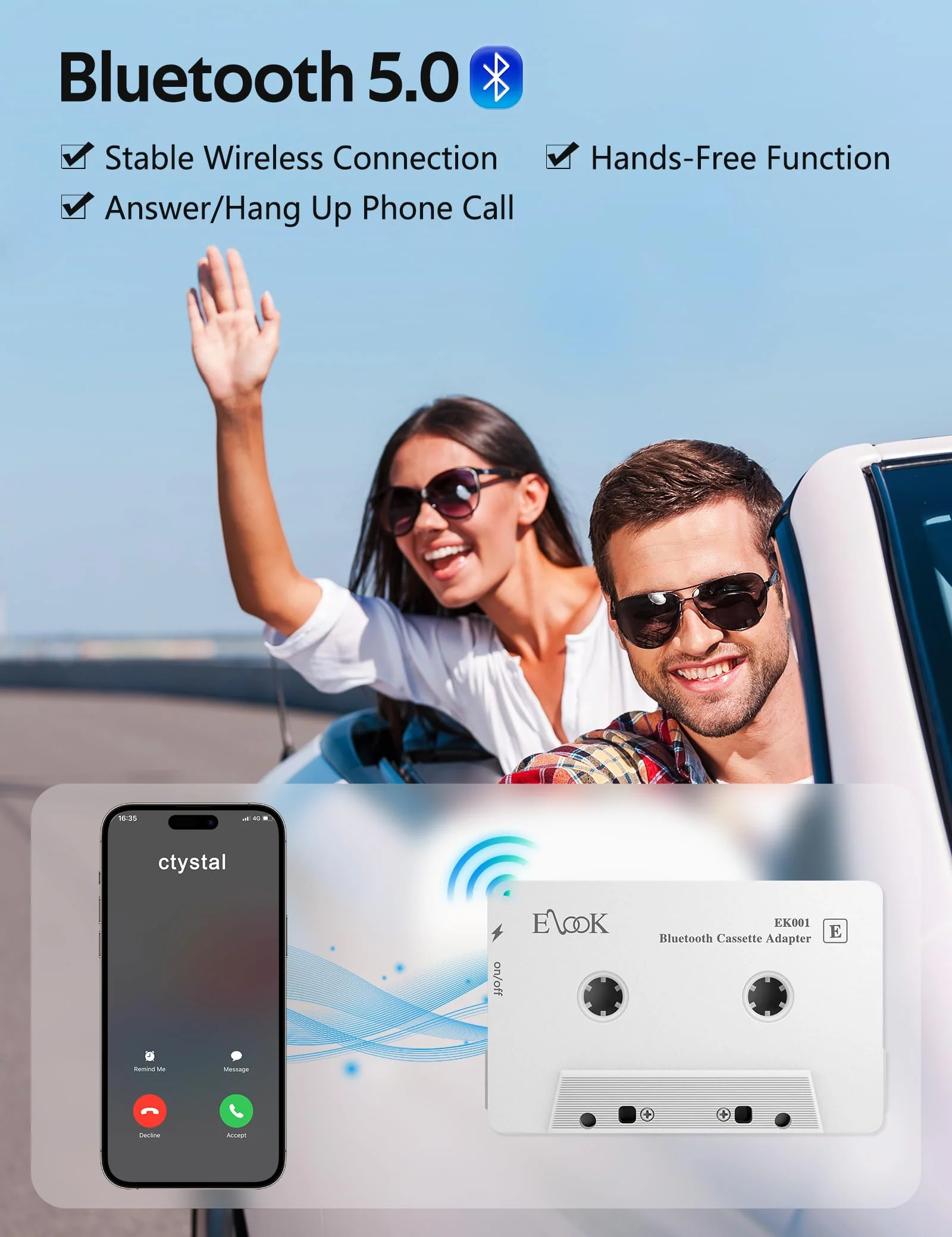Elook Car Audio Receiver, Bluetooth Cassette Receiver Tape Aux Adapter Player with Bluetooth 5.0, White - Image 4