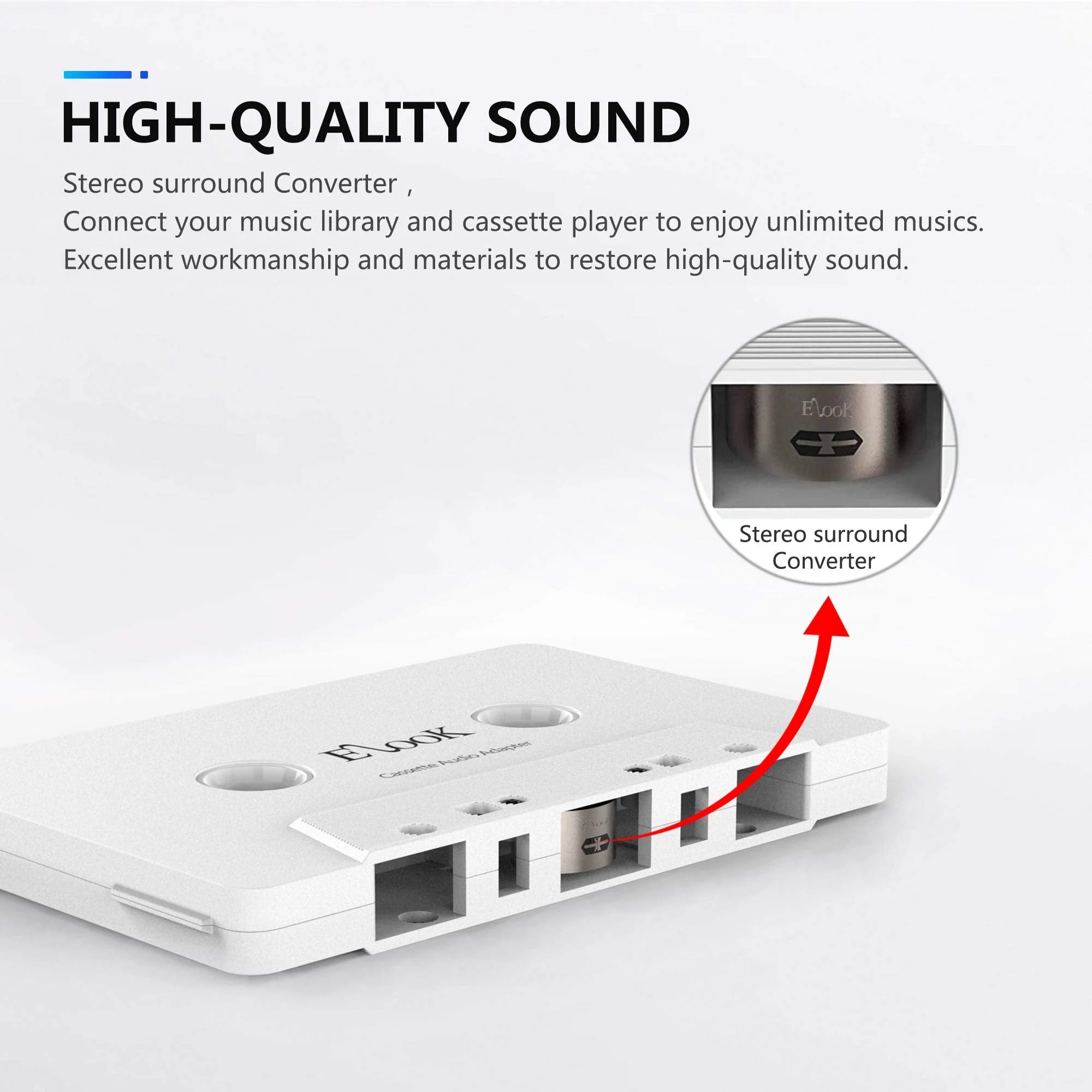Elook Car Cassette Aux Adapter, 3.5mm Universal Audio Cable Tape Adapter for Car, Phone, MP3 ect. White - Image 2