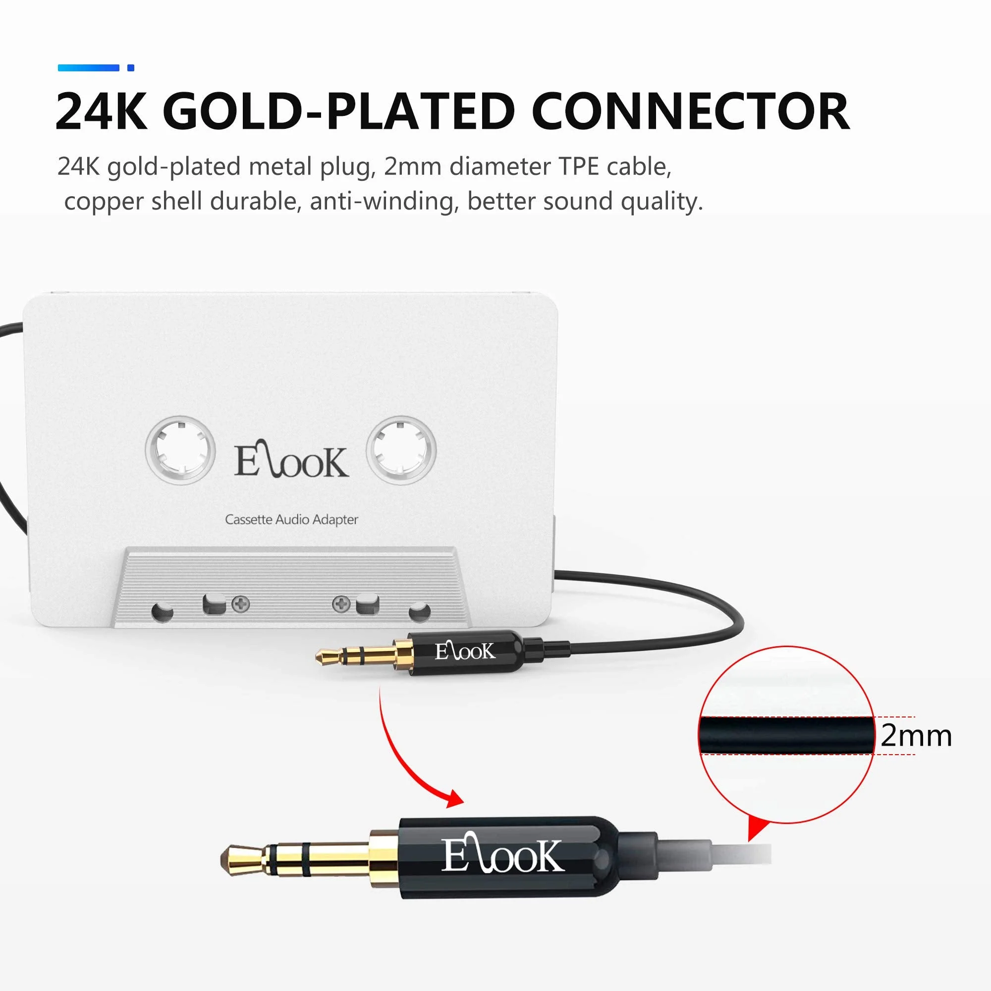 Elook Car Cassette Aux Adapter, 3.5mm Universal Audio Cable Tape Adapter for Car, Phone, MP3 ect. White - Image 3