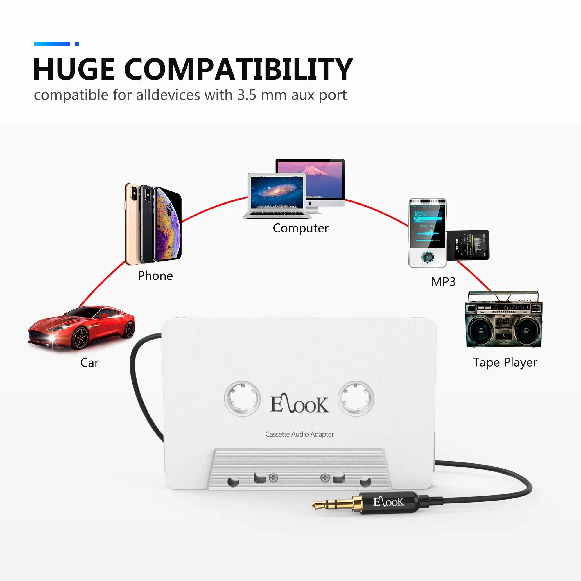 Elook Car Cassette Aux Adapter, 3.5mm Universal Audio Cable Tape Adapter for Car, Phone, MP3 ect. White - Image 5